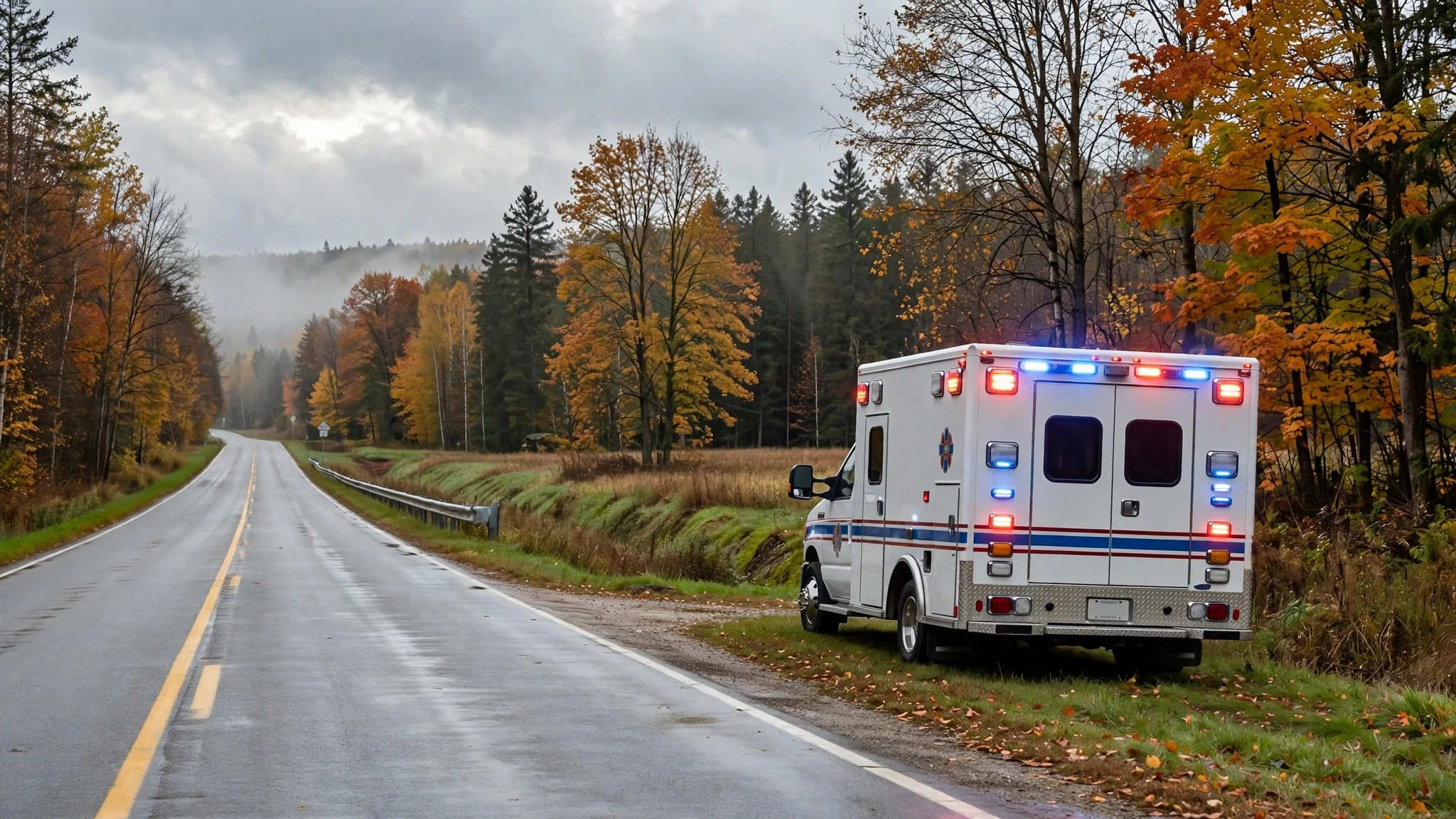 Ambulance with flashing lights on a roadside — Ontario G1 practice