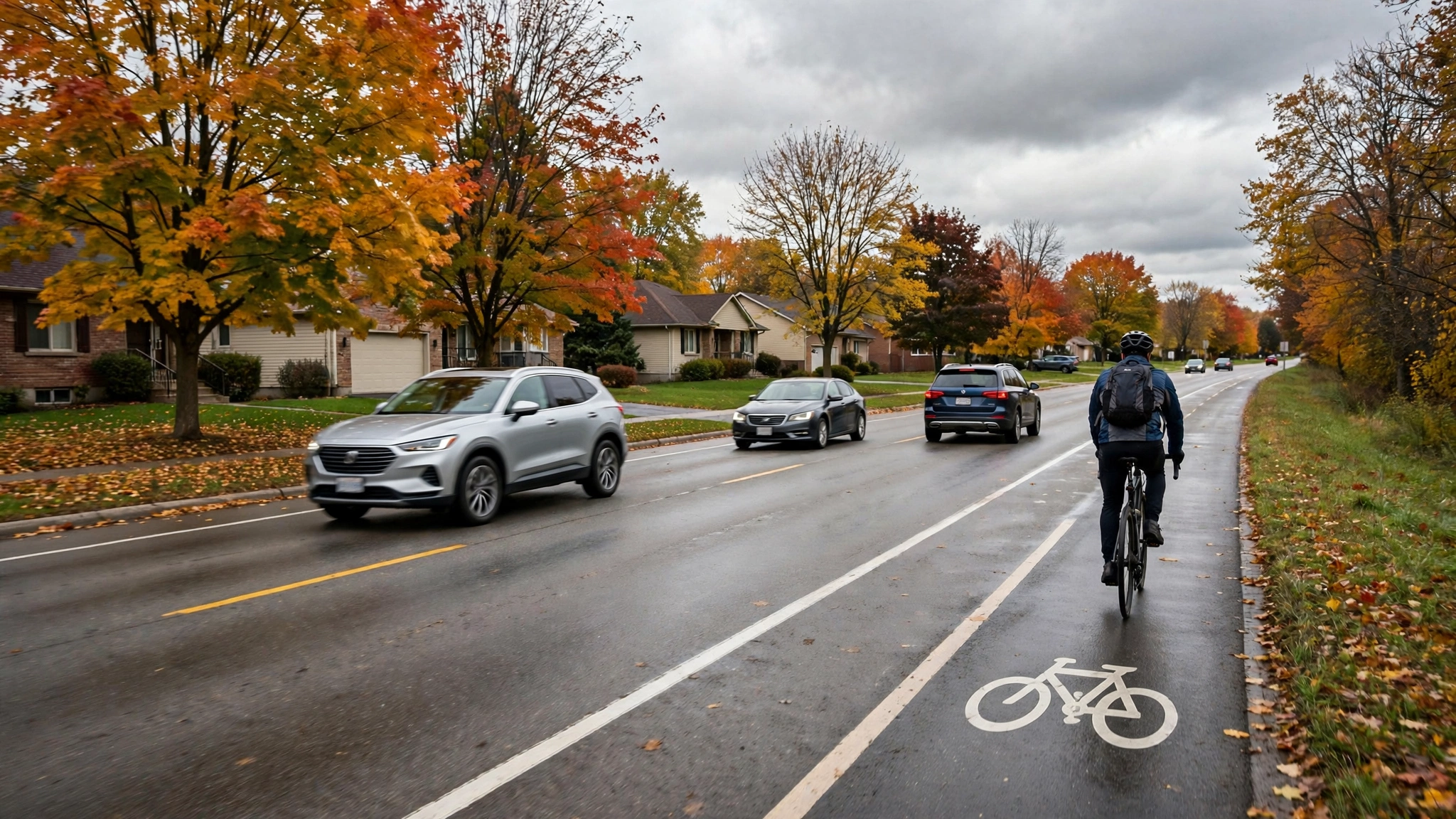 Cyclist riding in a bike lane beside cars — Ontario G1 practice