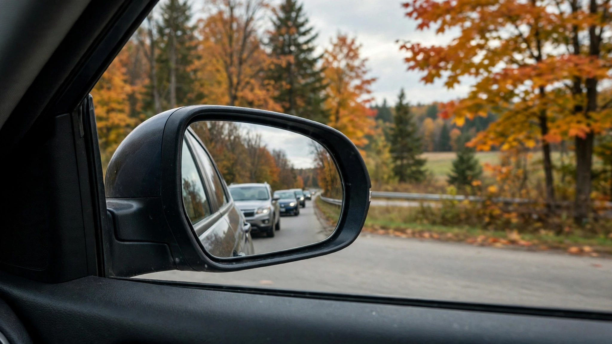 Car side mirror reflecting traffic — Ontario G1 practice
