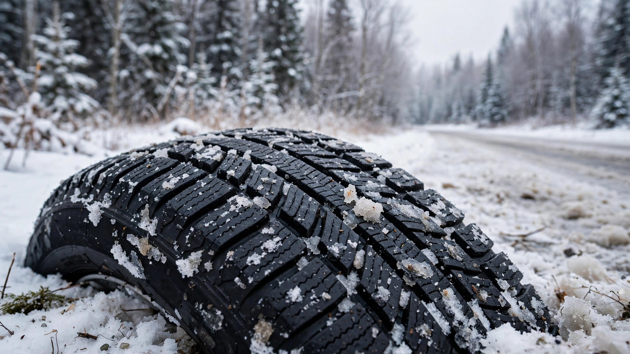 Close-up of a winter tire on snow — Ontario G1 practice