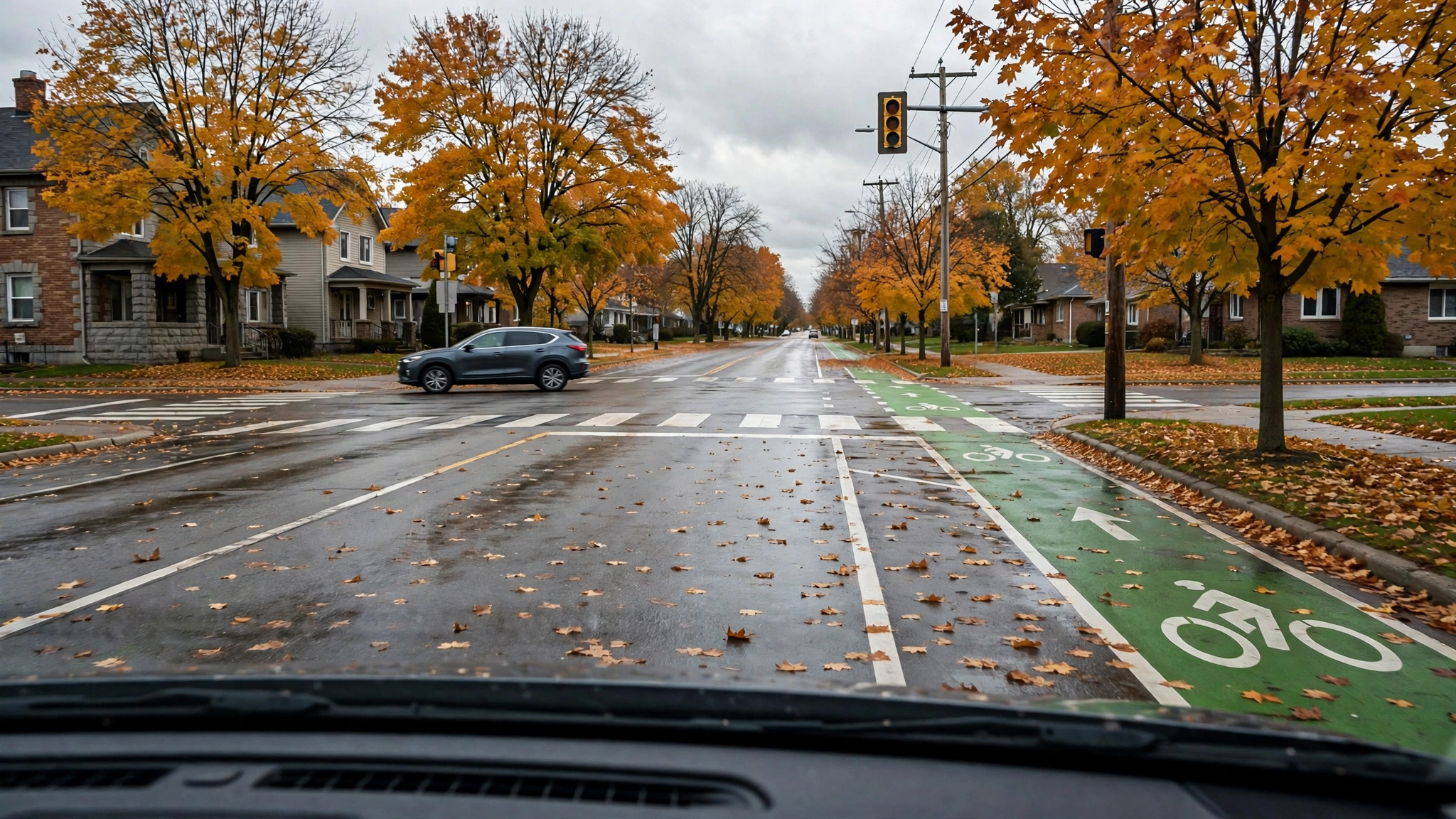 Intersection with a painted bike lane — Ontario G1 practice