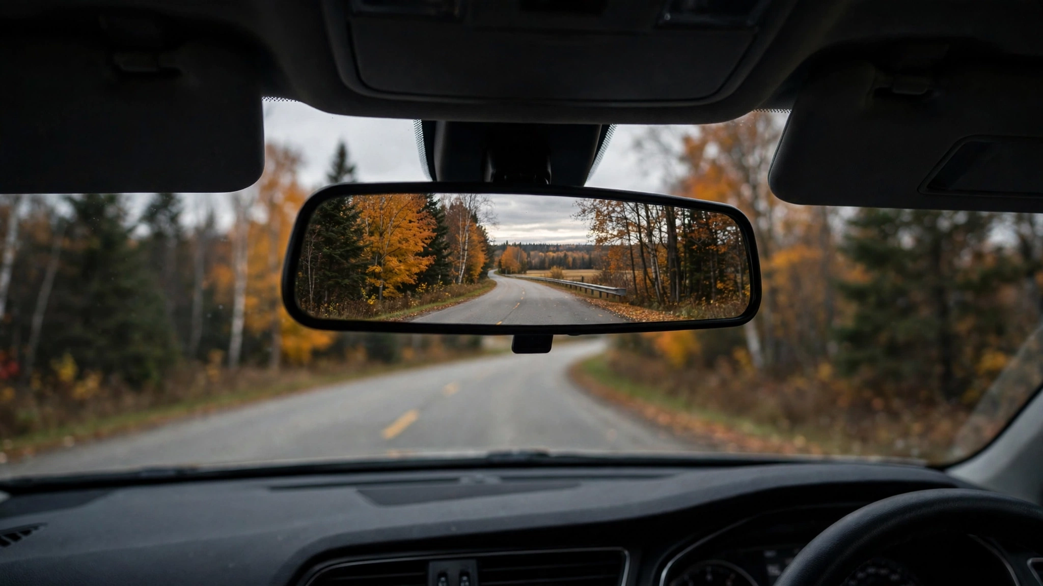 Rearview mirror showing the road behind — Ontario G1 practice