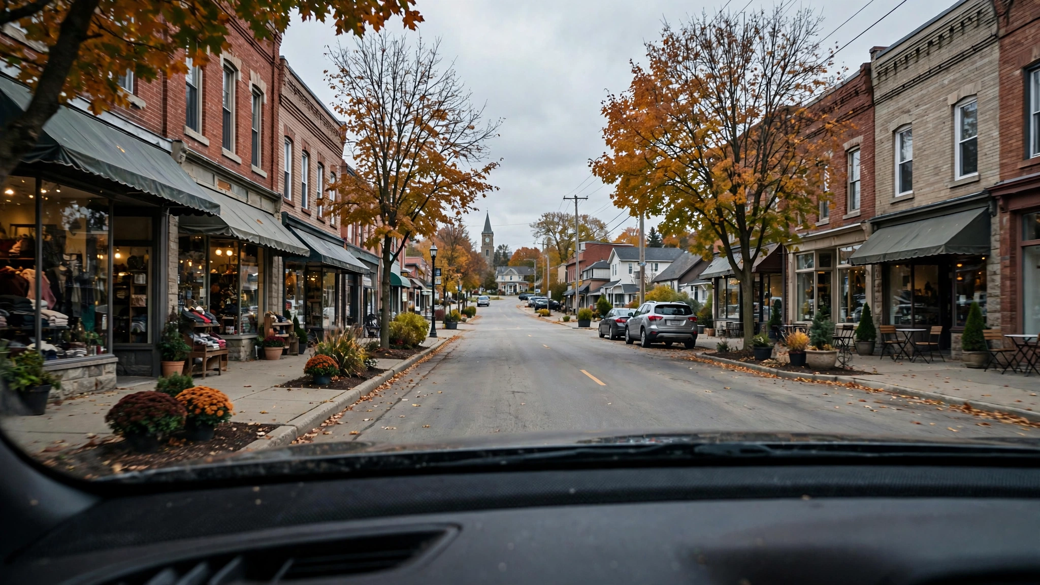 Small Ontario town main street with shops — Ontario G1 practice