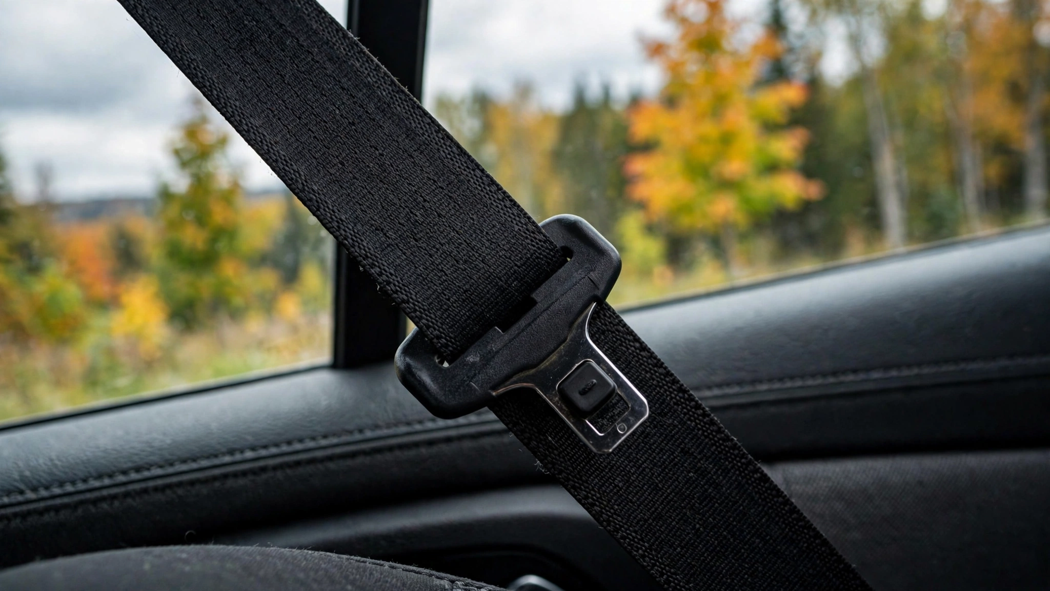 Close-up of a fastened seatbelt inside a car — Ontario G1 practice