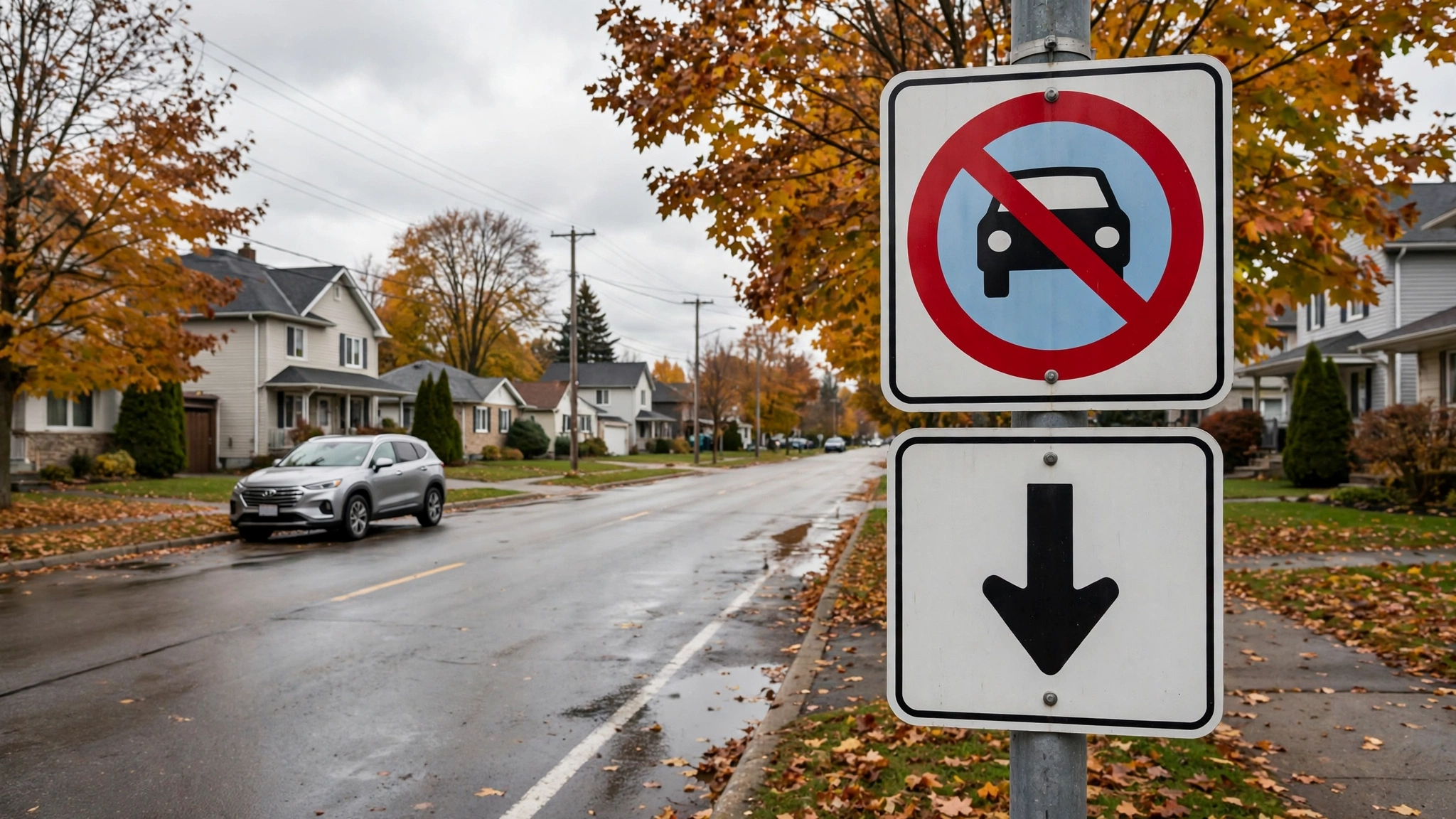 Parking restriction signs on a pole — Ontario G1 practice
