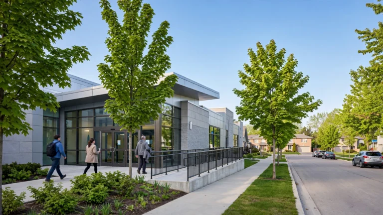 Modern Ontario driver test service centre entrance in the morning with people arriving