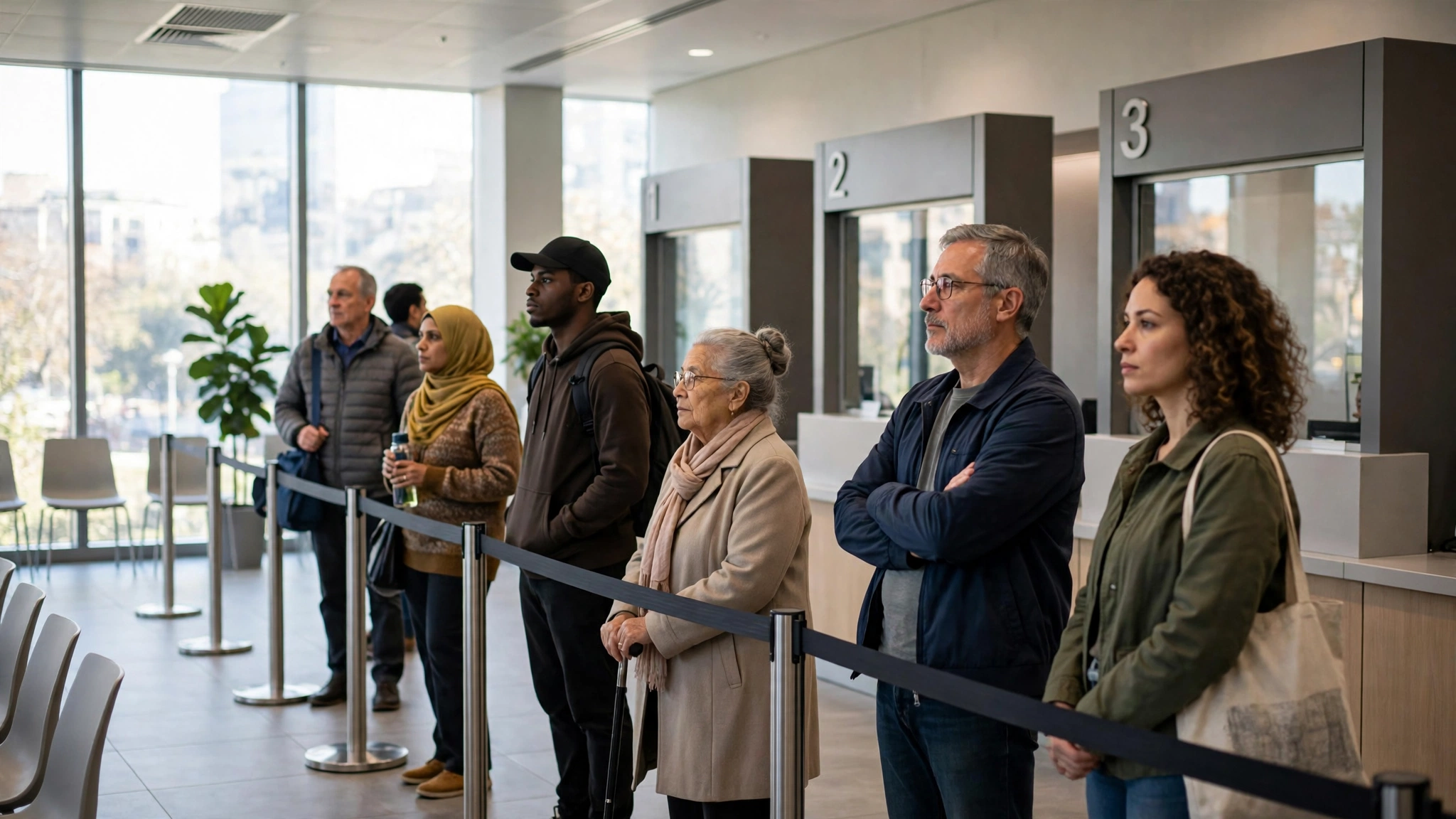 People waiting in line inside a bright DriveTest-style waiting room in Ontario