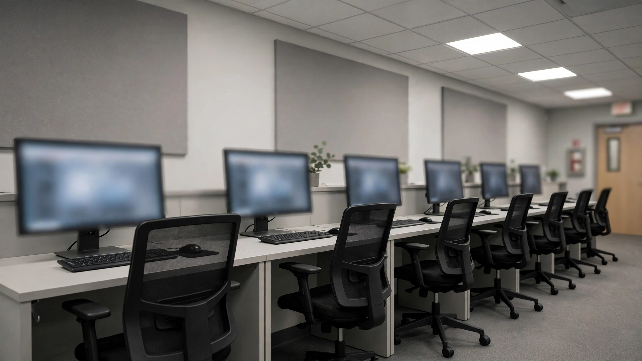 Row of computer testing stations in a quiet Ontario exam room with blurred screens