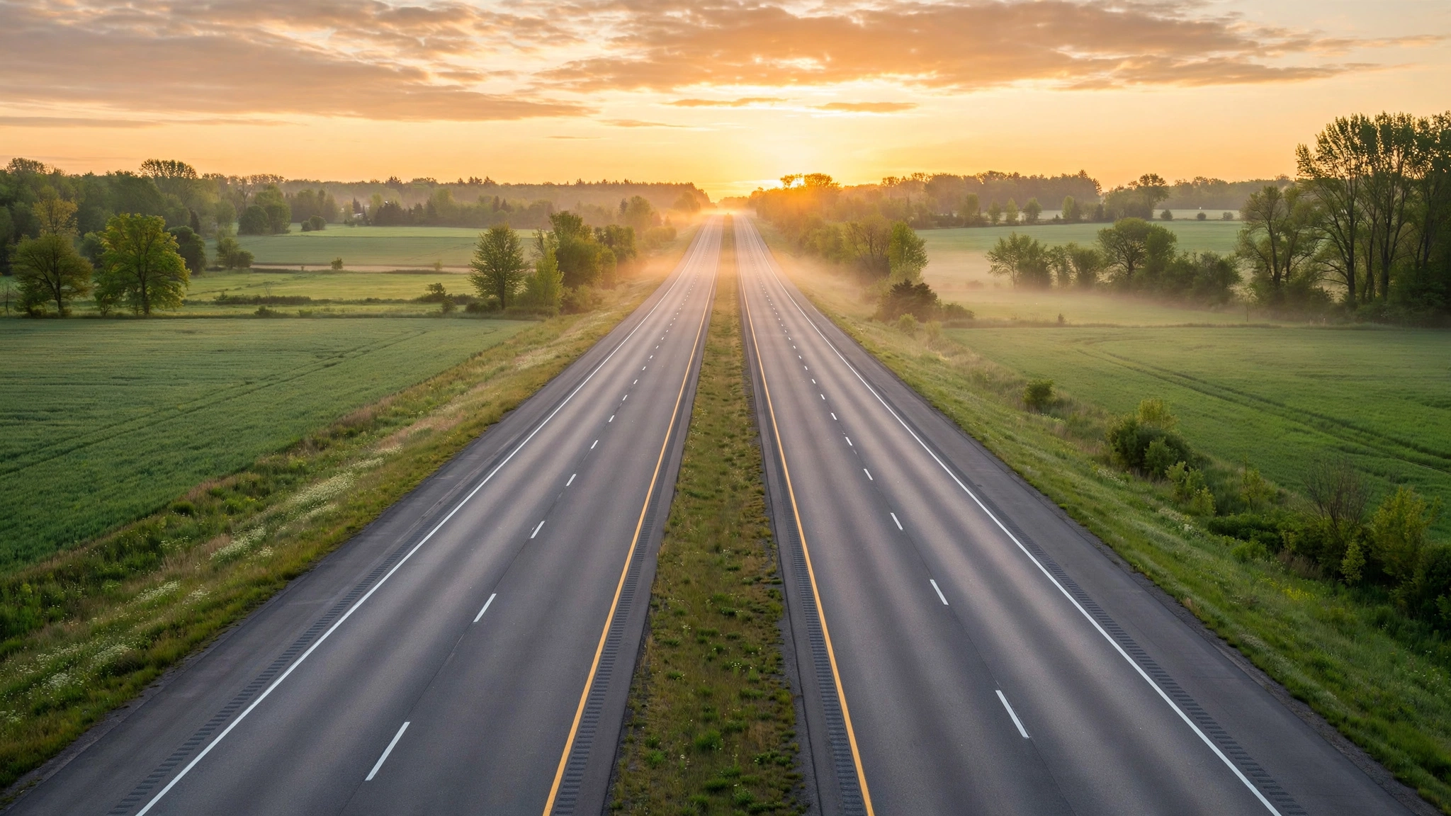 Ontario highway at sunrise with an empty road stretching toward a golden horizon