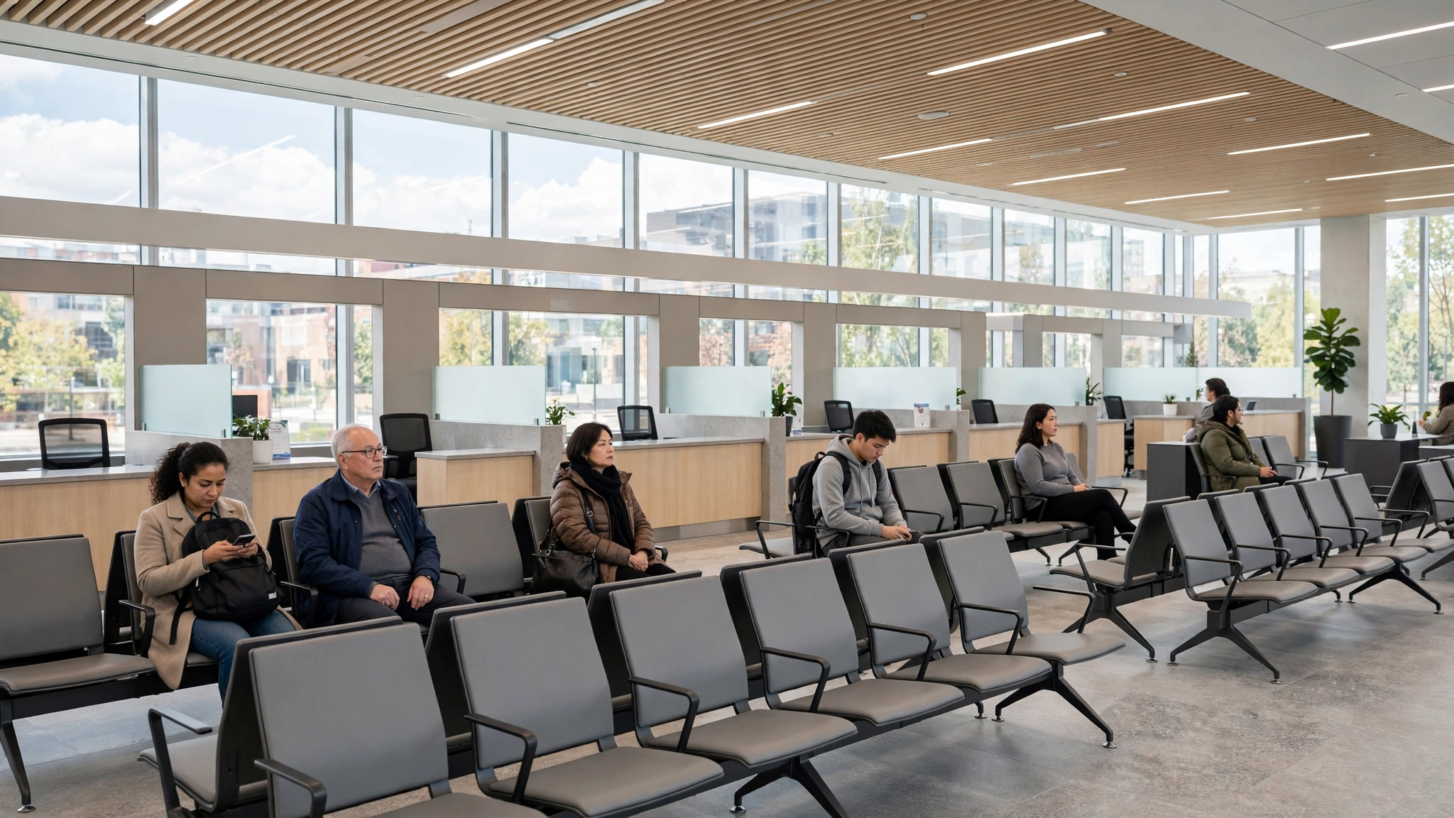 Bright waiting area inside a Canadian driver examination centre with people waiting near service counters