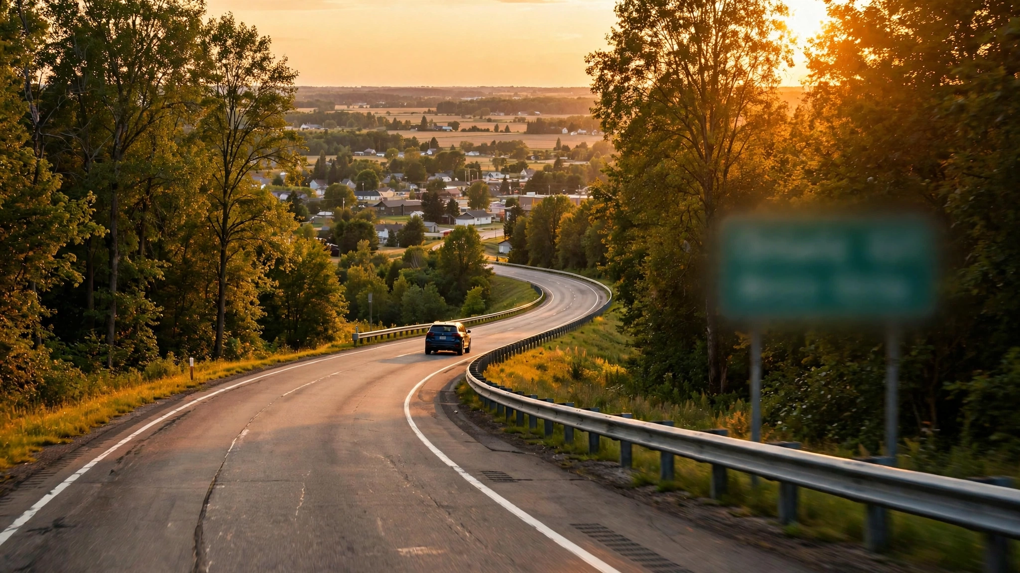 Car driving on a winding Ontario highway toward a town at sunset on the way to a DriveTest centre