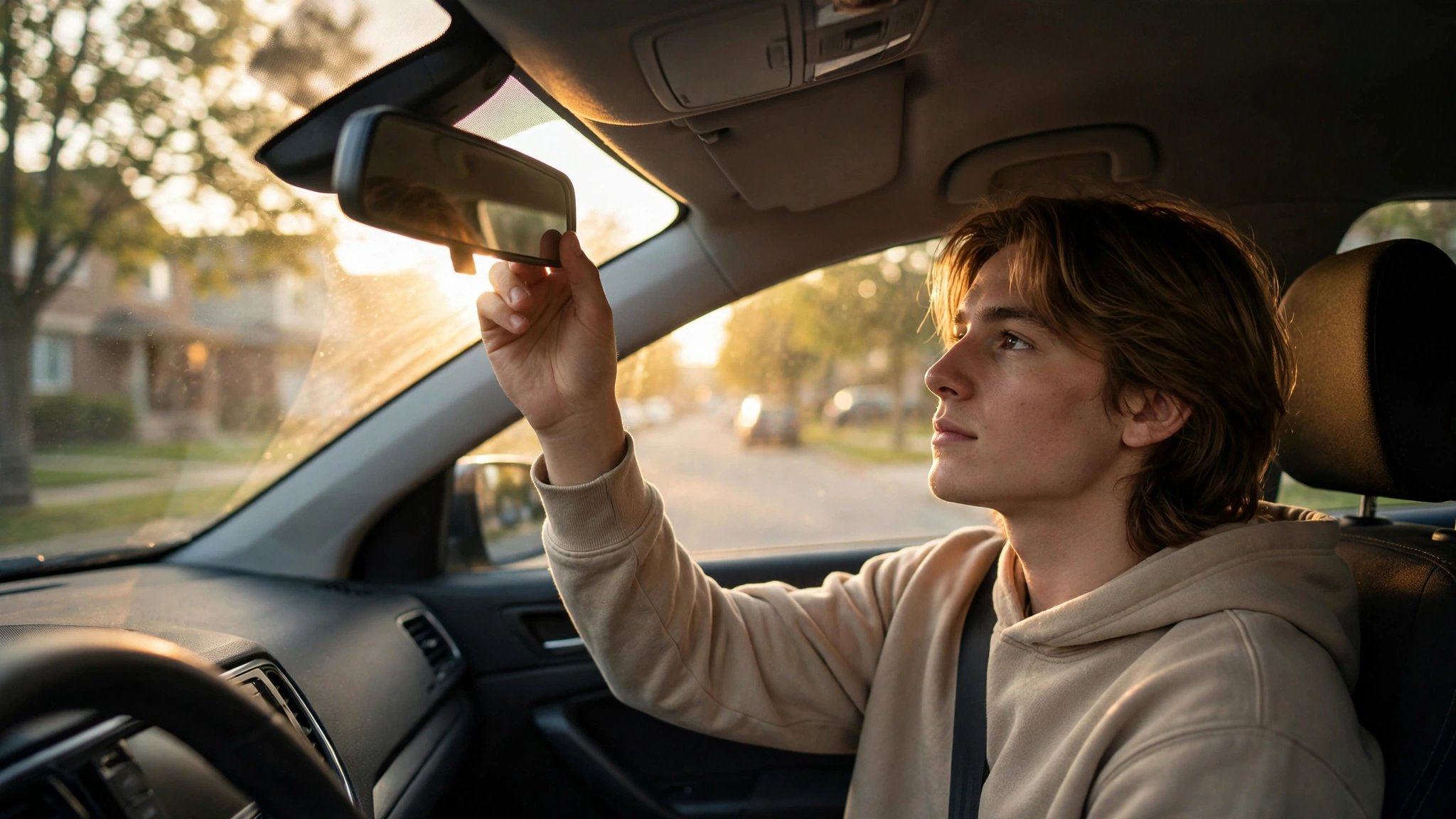 A young learner driver adjusting the rear-view mirror of a parked car on a quiet Ontario street at sunrise
