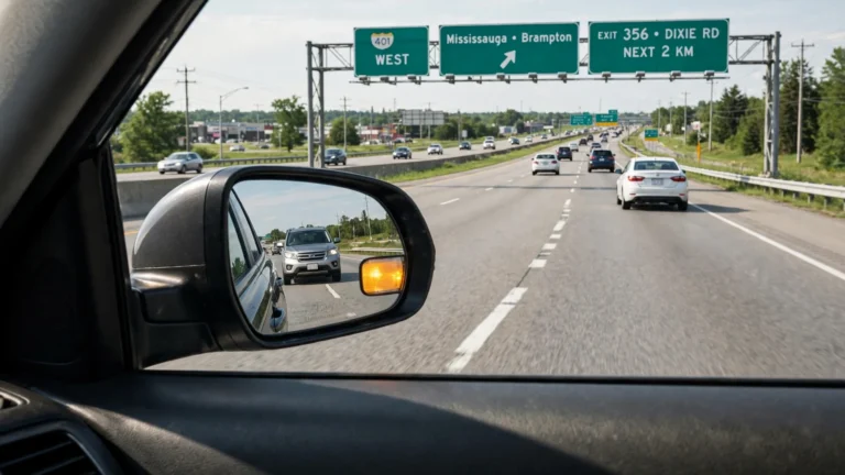 Driver's view of a lane change on Highway 401 in Ontario, with the turn signal blinking in the side mirror