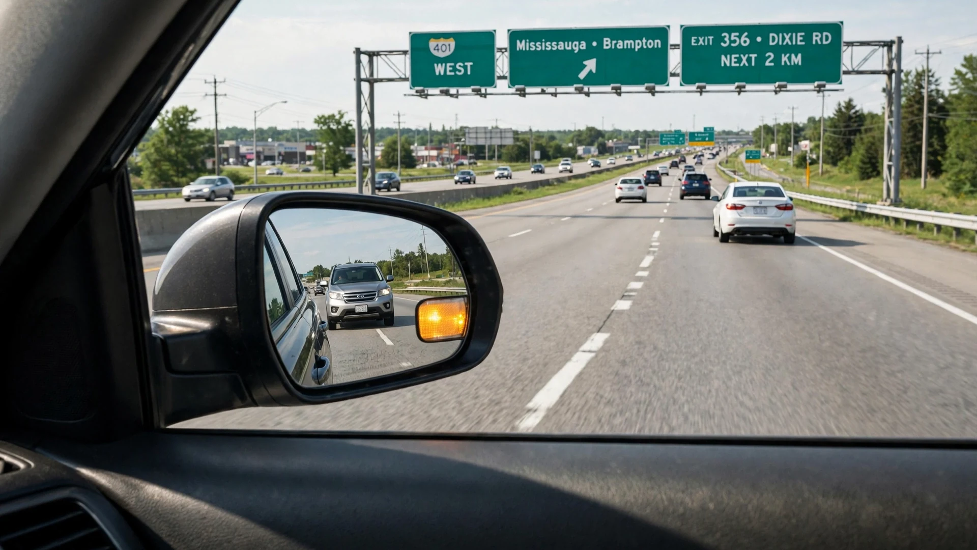 Driver's view of a lane change on Highway 401 in Ontario, with the turn signal blinking in the side mirror