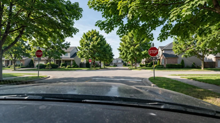New driver stopped at a four-way stop in a leafy Ontario suburb, viewed over the hood of the car