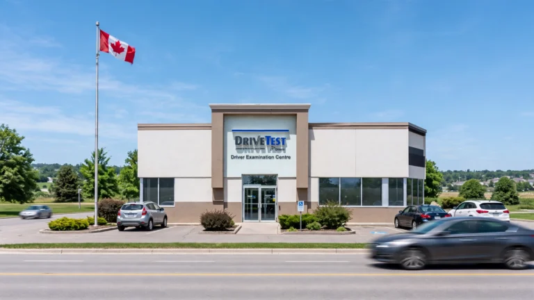 DriveTest centre entrance in Ontario on a clear morning, cars arriving for knowledge tests