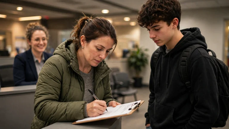 A parent signing a consent form at a DriveTest centre counter while their teenage son waits to apply for a G1 licence in Ontario