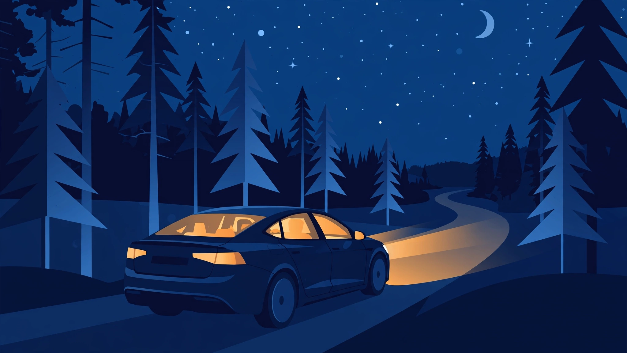 Car driving on an Ontario road at night under a starry sky