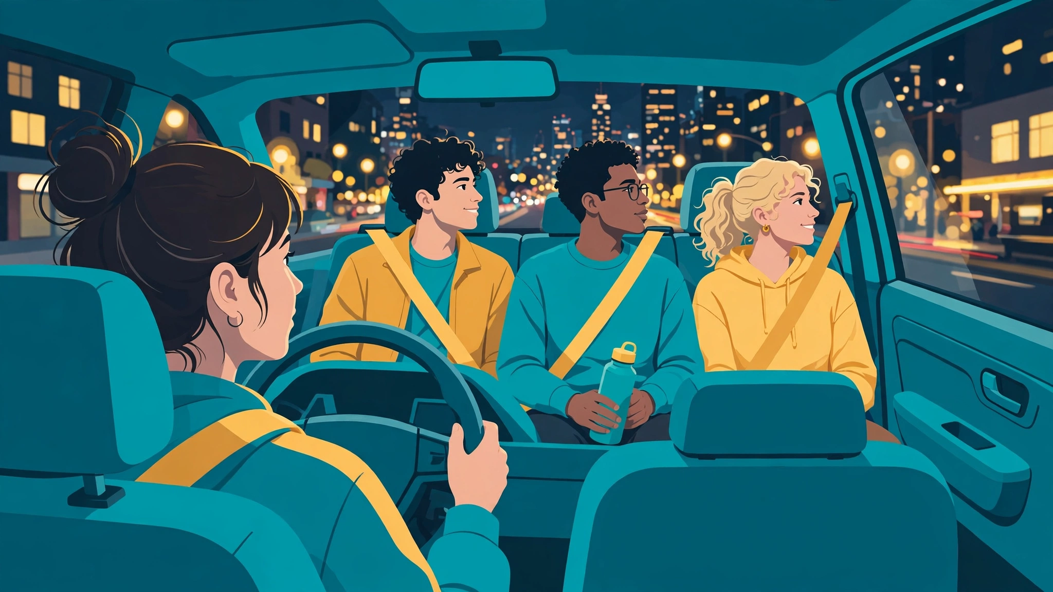 Young passengers in the back seat of a car at night wearing seatbelts