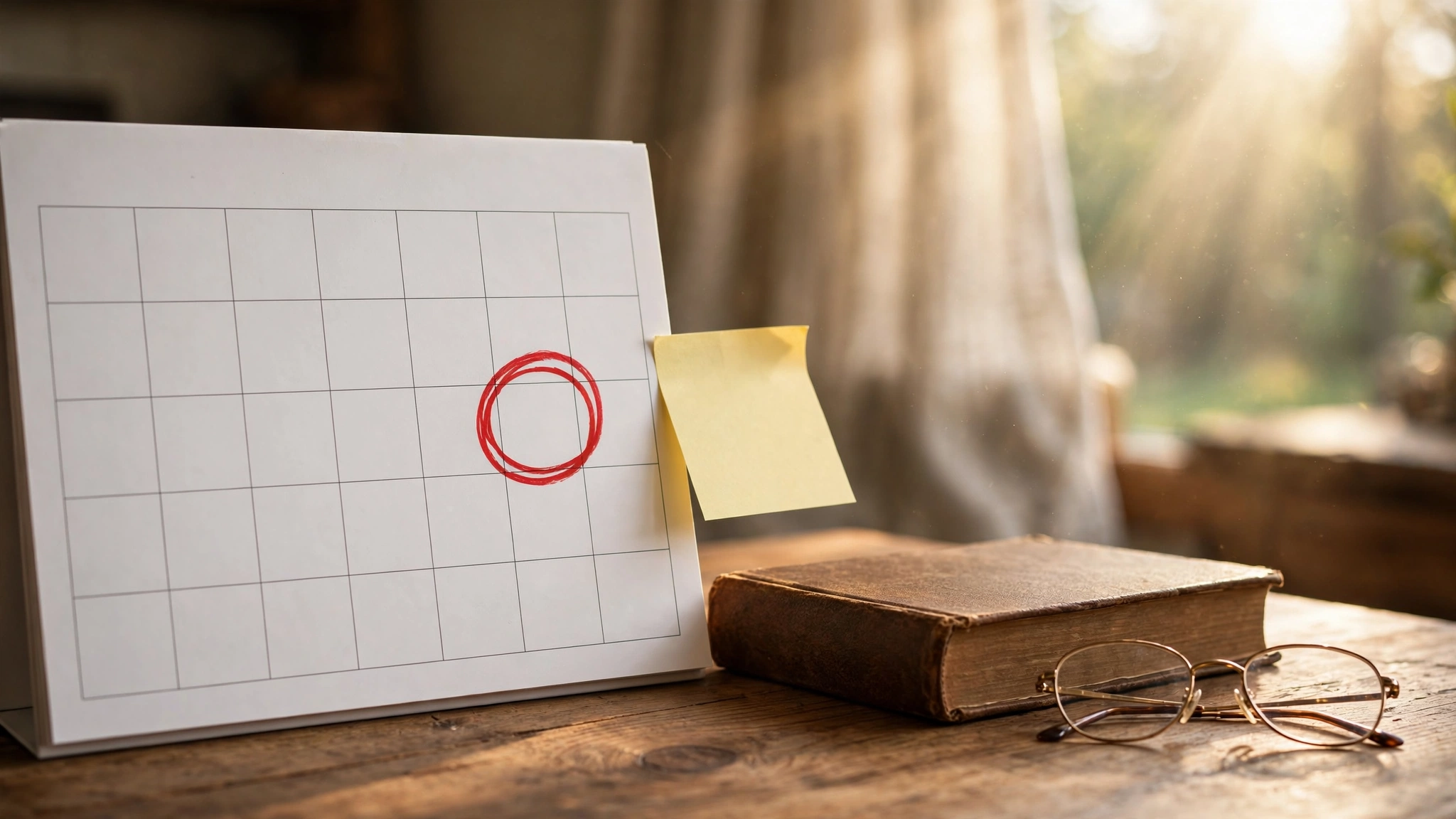 A wall calendar with the sixteenth birthday date circled in red beside a driver's handbook and reading glasses