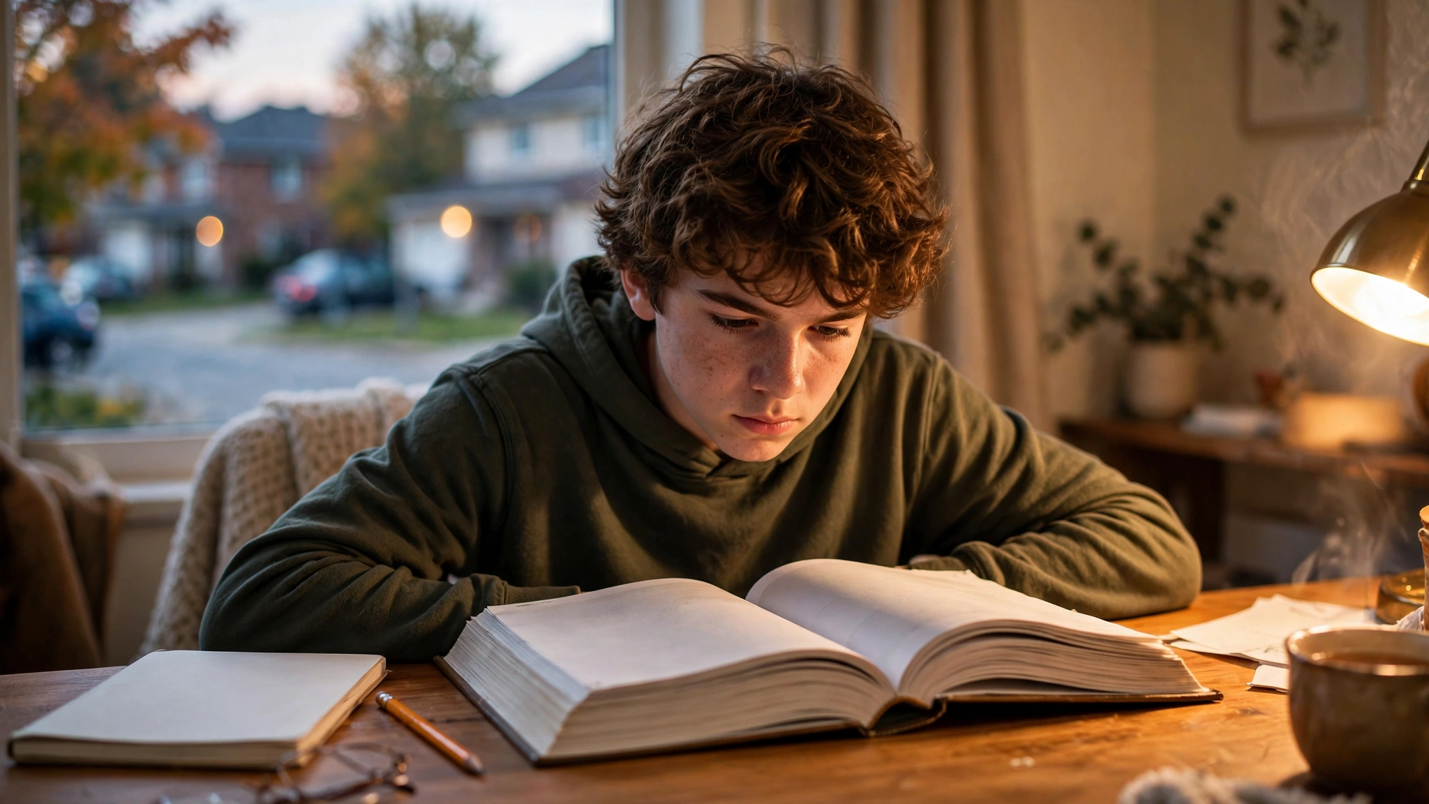 A fifteen-year-old teenager studying the Ontario driver's handbook at a desk before turning sixteen
