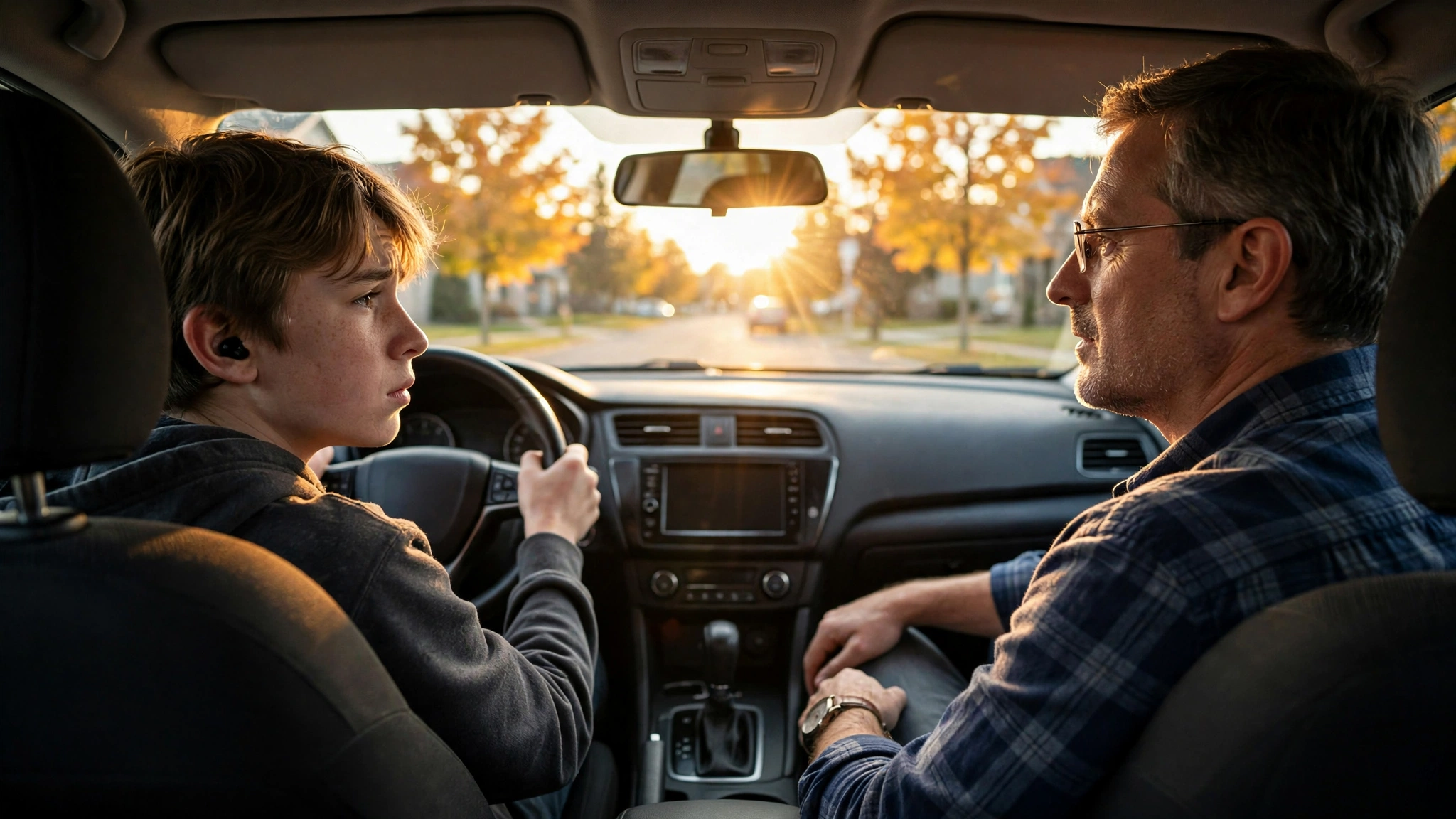 A new sixteen-year-old G1 driver practicing on a suburban Ontario street with an experienced licensed driver in the passenger seat