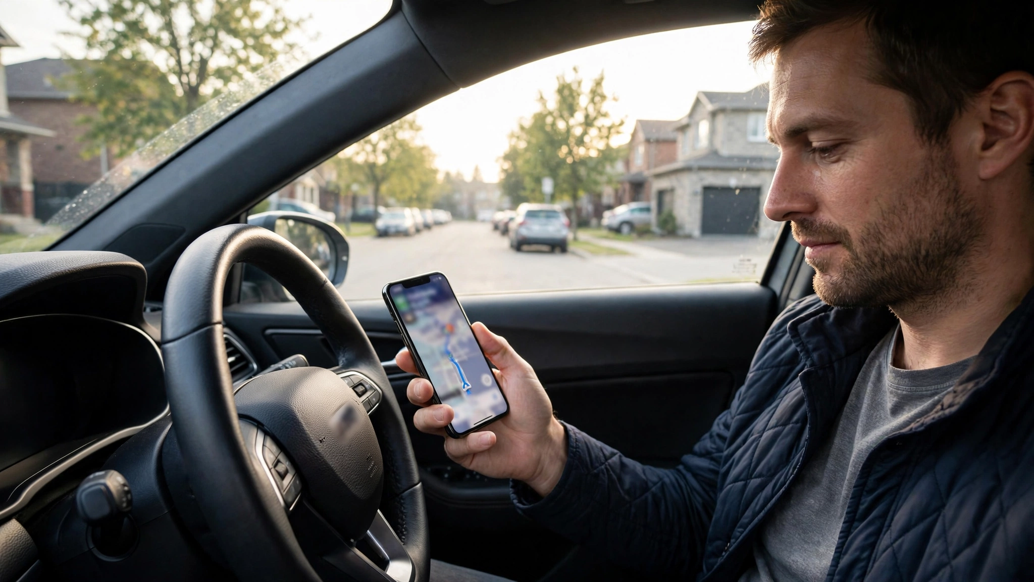 Driver in a car checking map navigation on a smartphone to find the nearest DriveTest centre