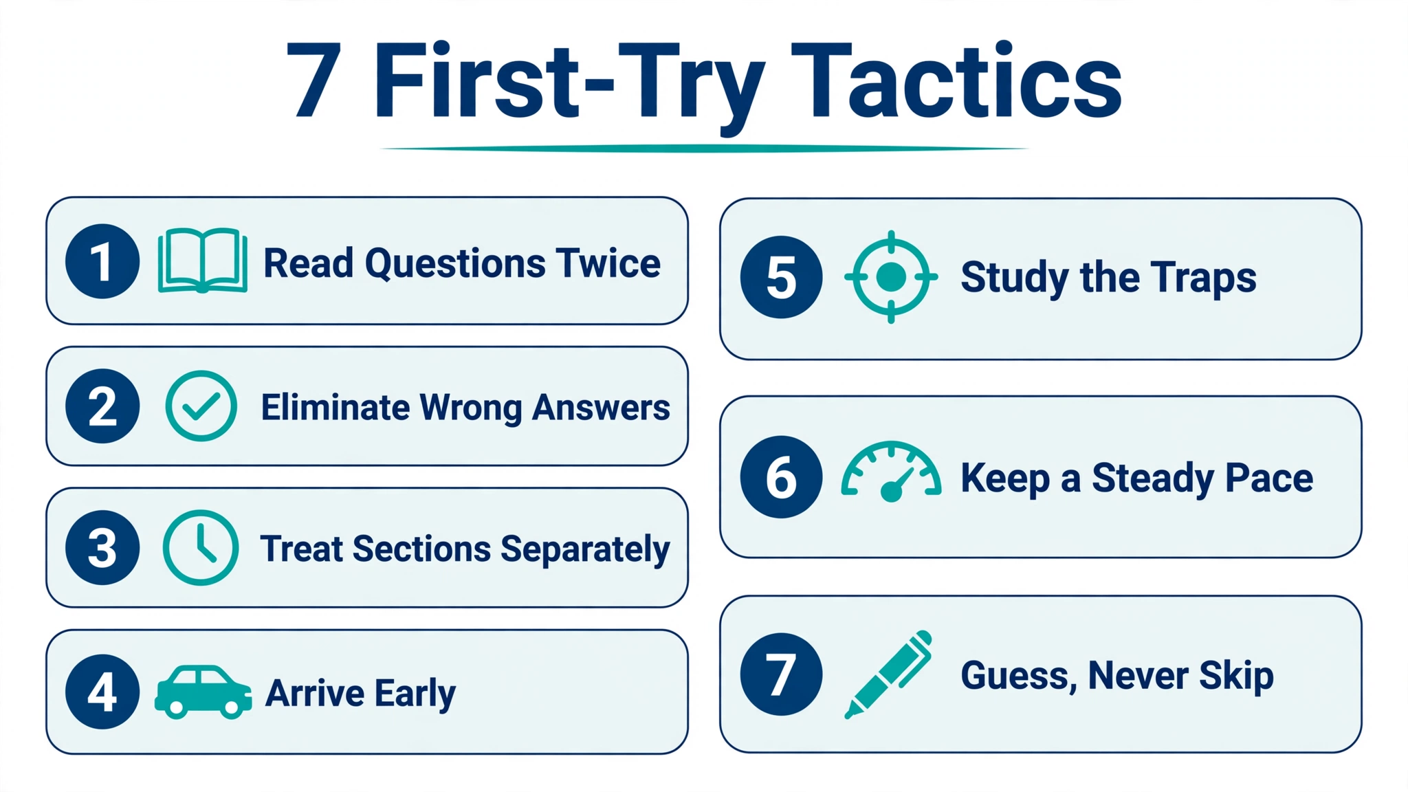 Infographic listing seven first-try G1 tactics: read questions twice, eliminate wrong answers, treat sections separately, arrive early, study the traps, keep a steady pace, guess never skip