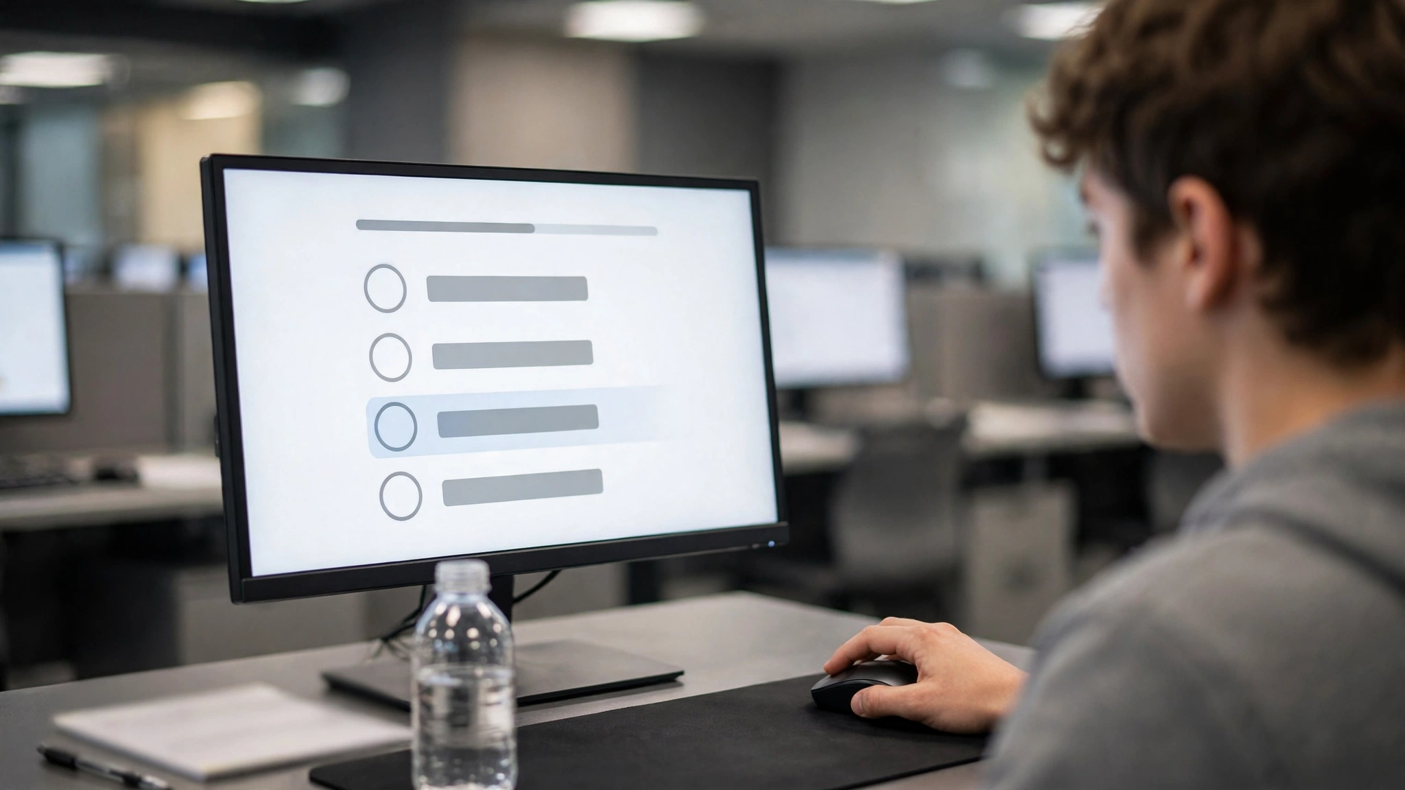 Over-the-shoulder view of a learner answering multiple-choice questions on a computer at a driving test centre