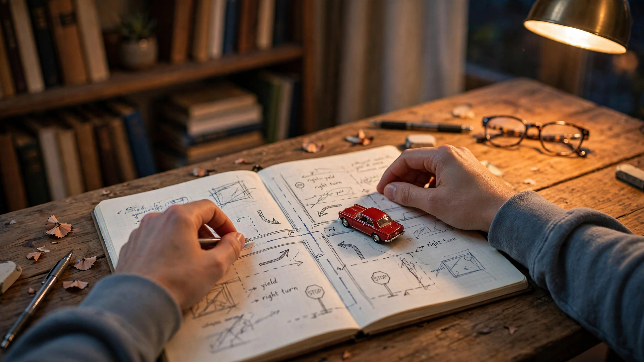 Learner driver studying at a desk with a notebook and a small toy car used to act out intersection scenarios