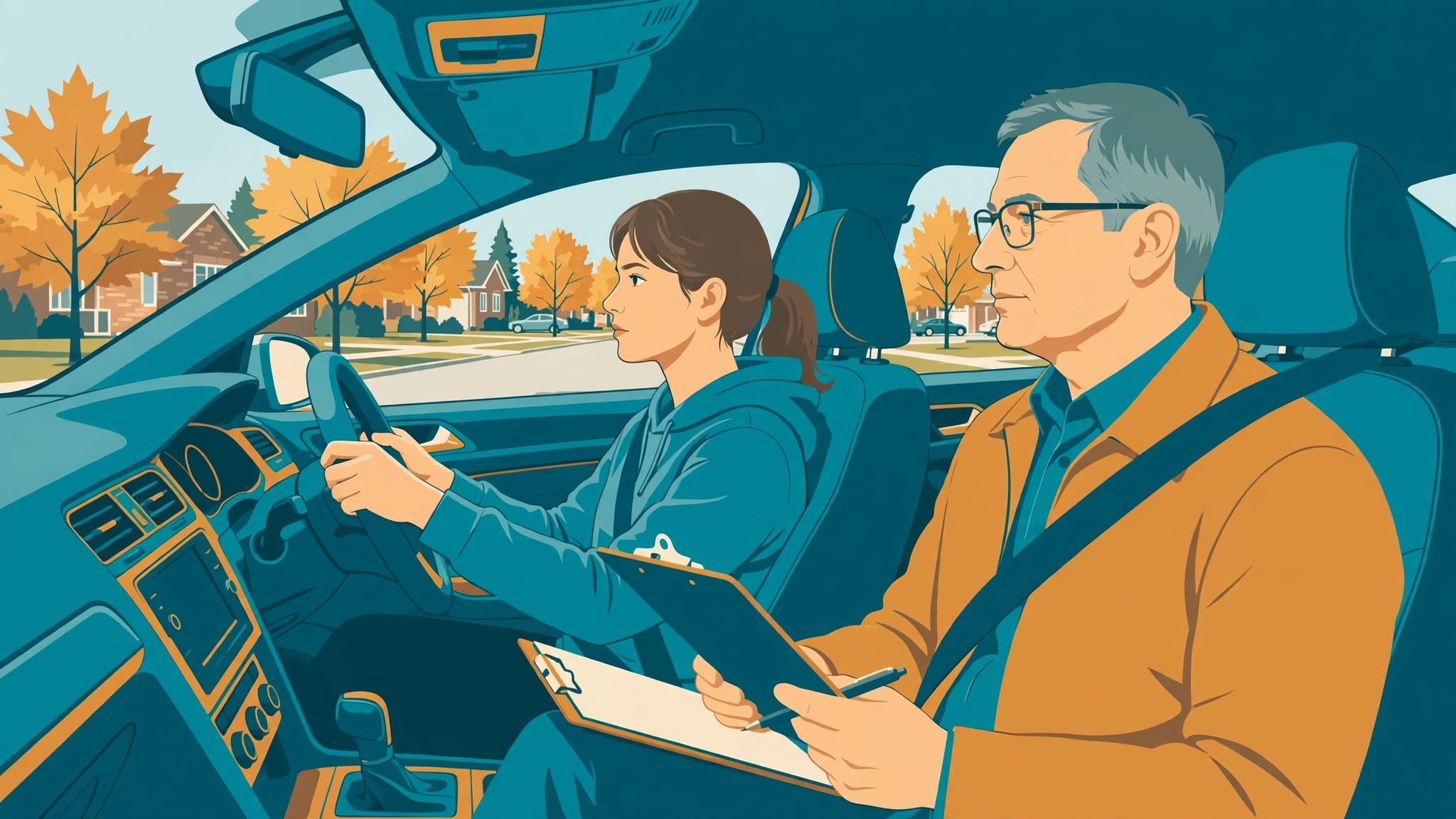 Driving examiner with a clipboard beside a new driver during a road test