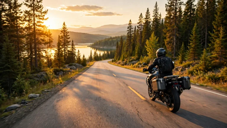 Motorcyclist in full safety gear riding on a scenic Ontario highway at golden hour