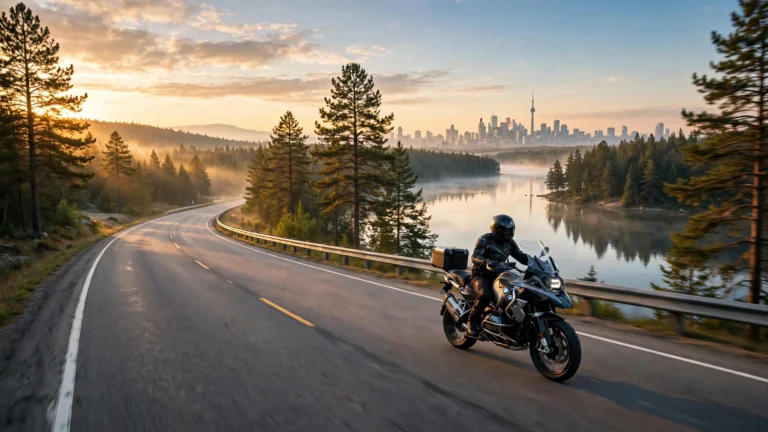 Motorcyclist riding on an Ontario highway at sunrise wearing full helmet and gear