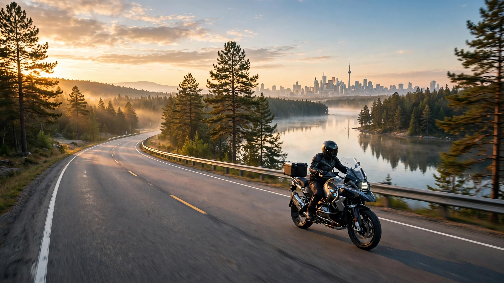 Motorcyclist riding on an Ontario highway at sunrise wearing full helmet and gear