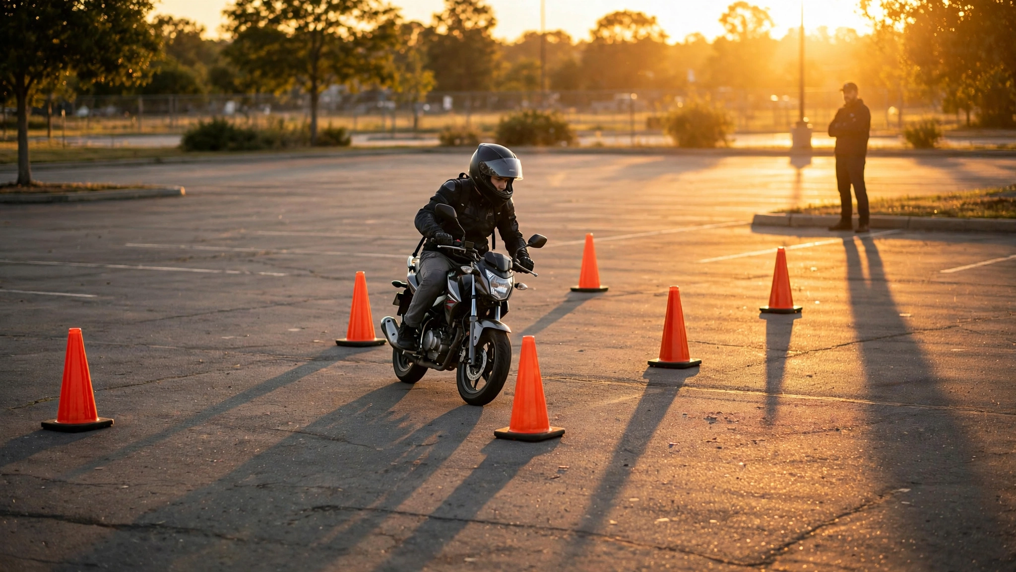 Beginner motorcyclist in full gear practicing slow-speed maneuvers around cones in an empty parking lot