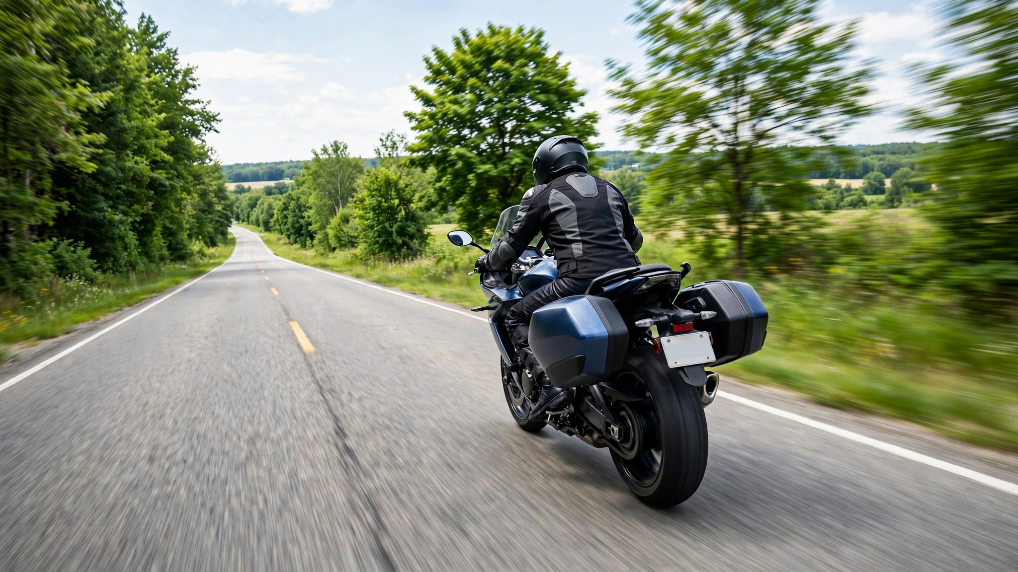 Motorcyclist riding a sport-touring motorcycle on a scenic Ontario rural highway in daylight