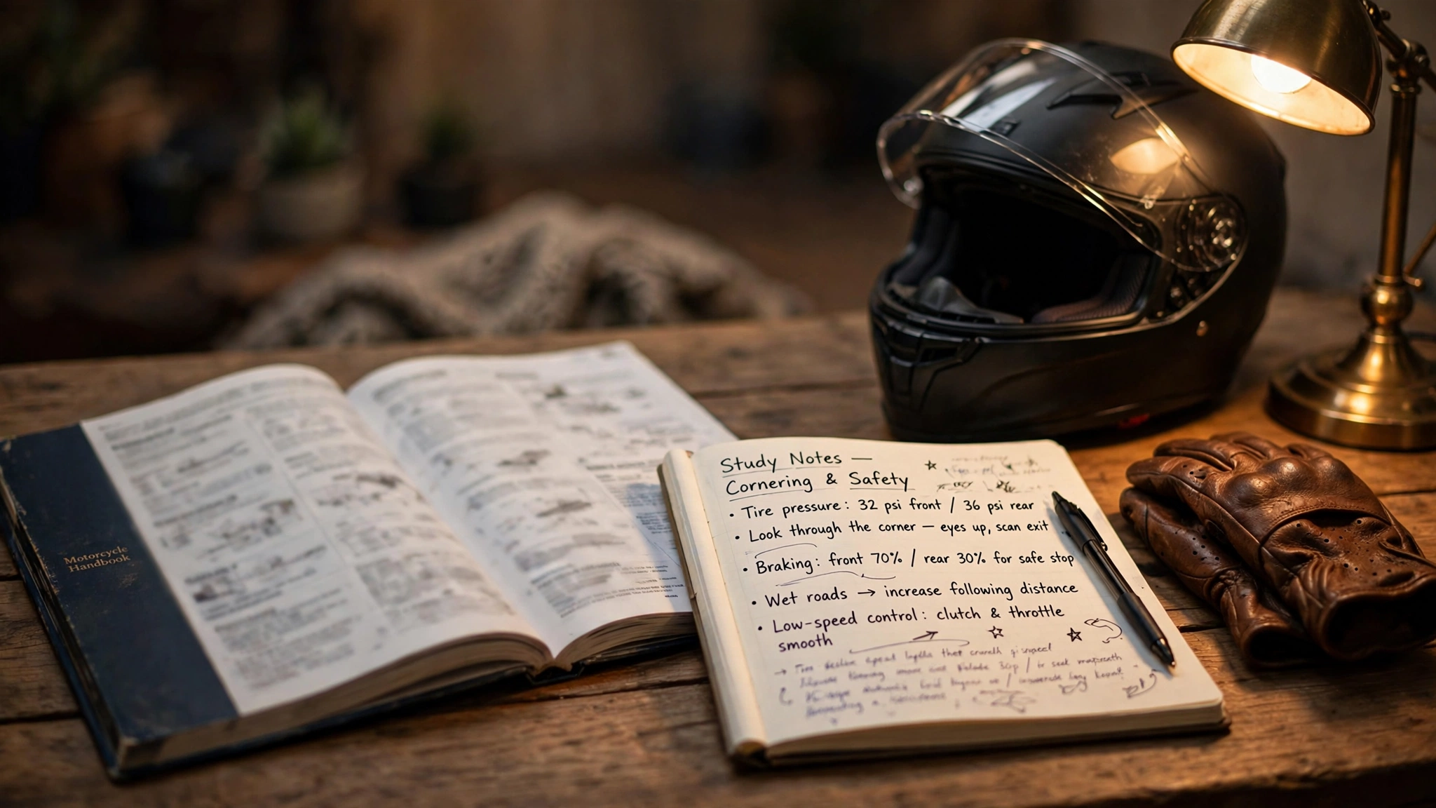 Open motorcycle handbook and study notebook on a desk with a full-face helmet and leather gloves