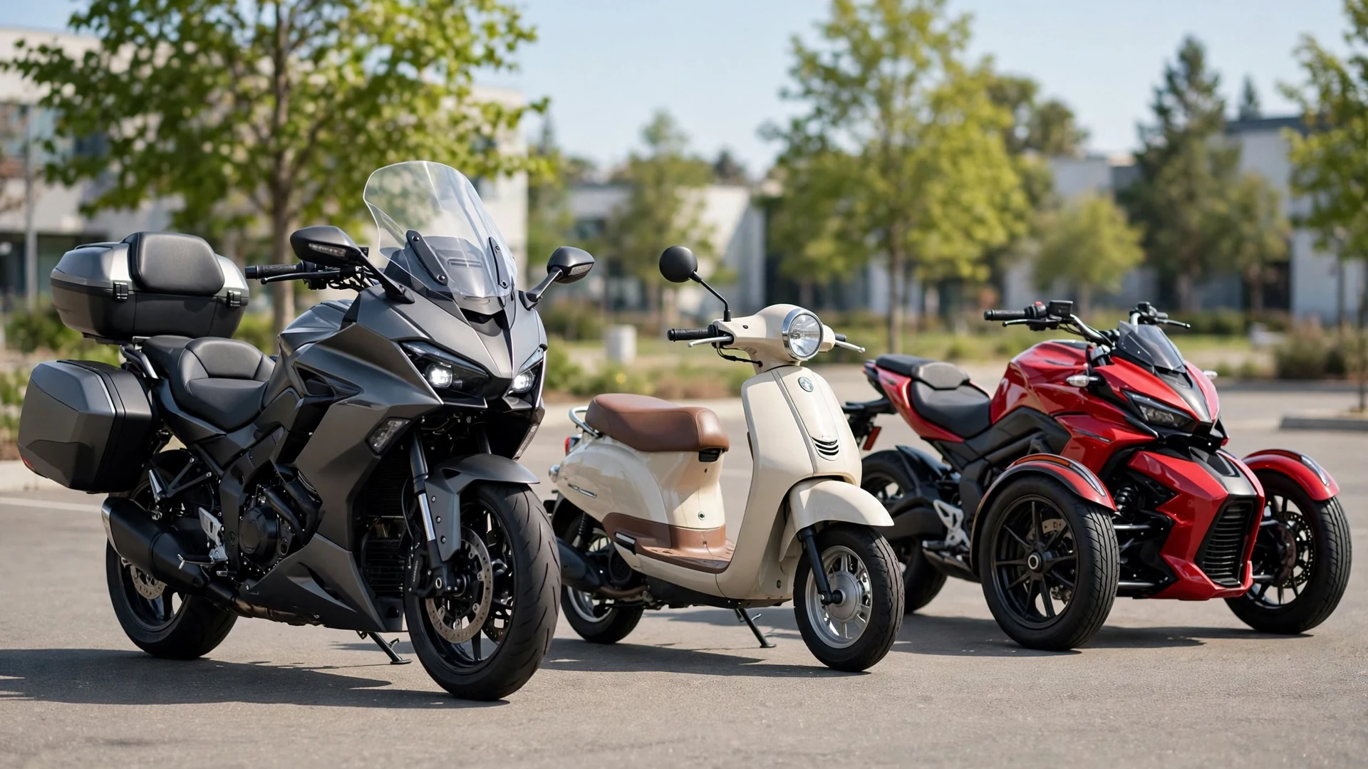 A full-size motorcycle, a moped scooter, and a three-wheeled motorcycle trike parked side by side