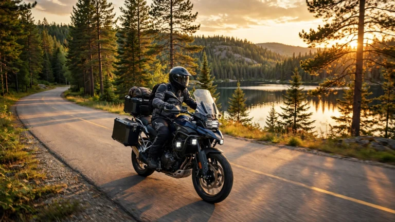 Motorcyclist in full riding gear on a touring motorcycle riding an Ontario country road at golden hour