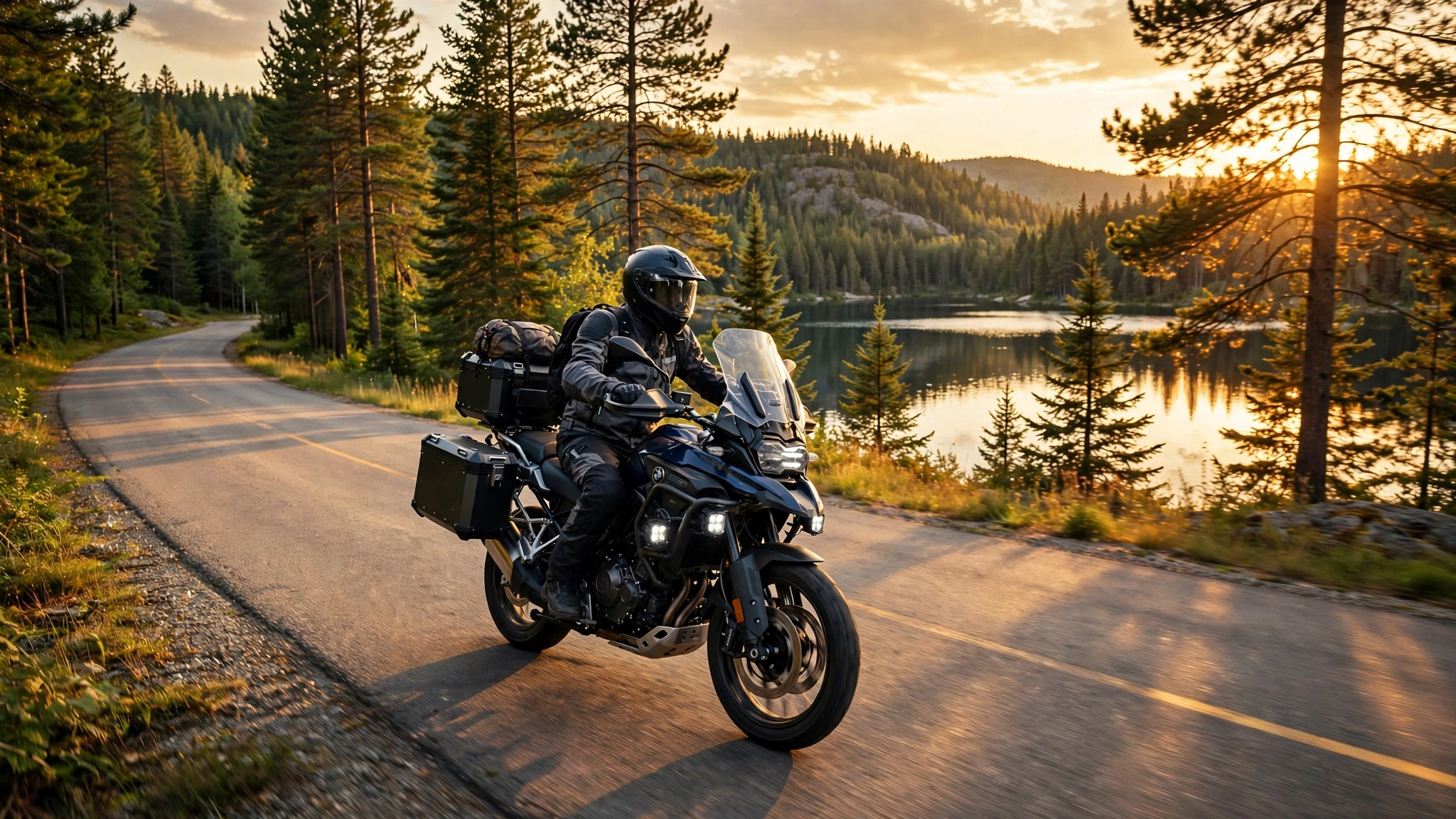 Motorcyclist in full riding gear on a touring motorcycle riding an Ontario country road at golden hour