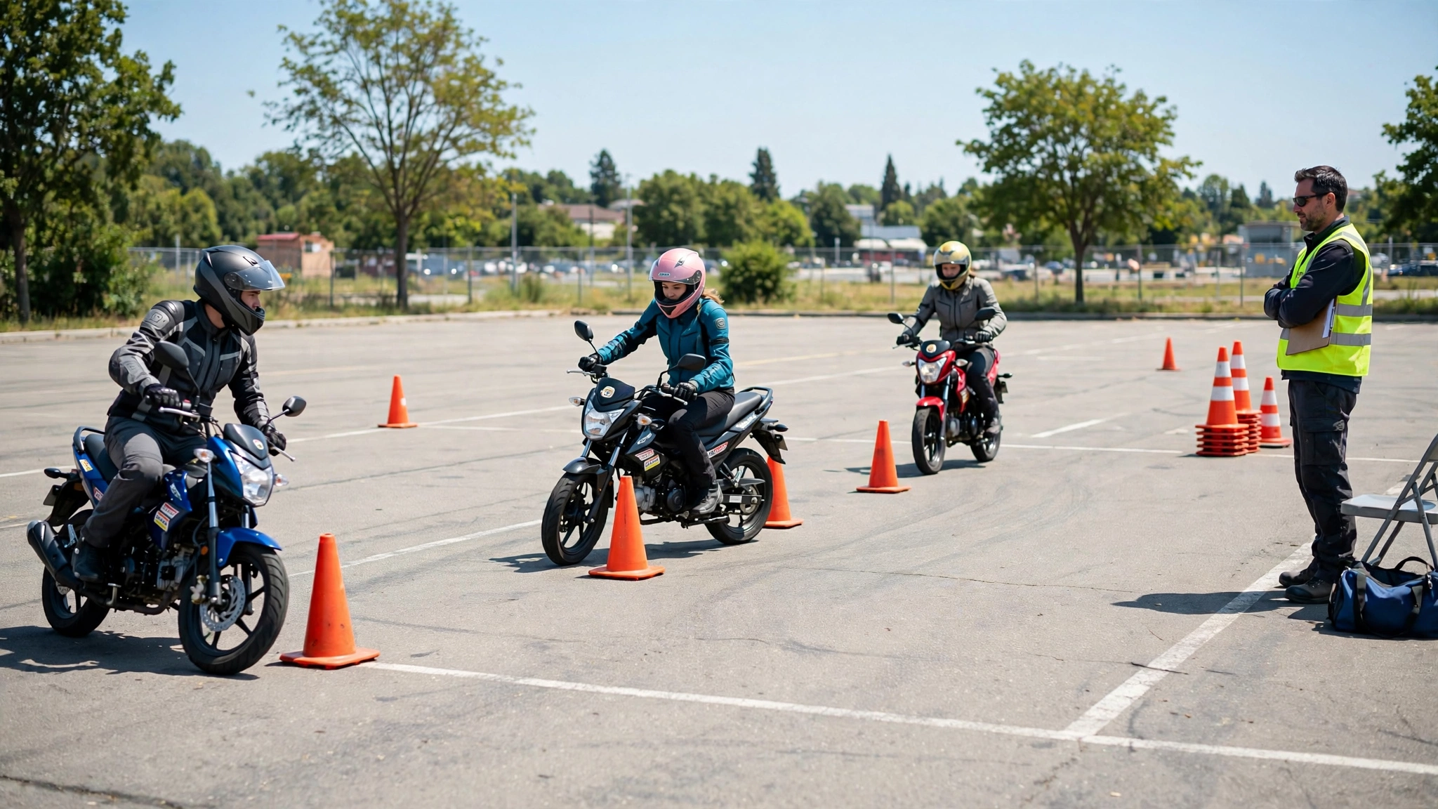 Beginner motorcyclists in full gear practicing cone maneuvers in a motorcycle safety course training lot