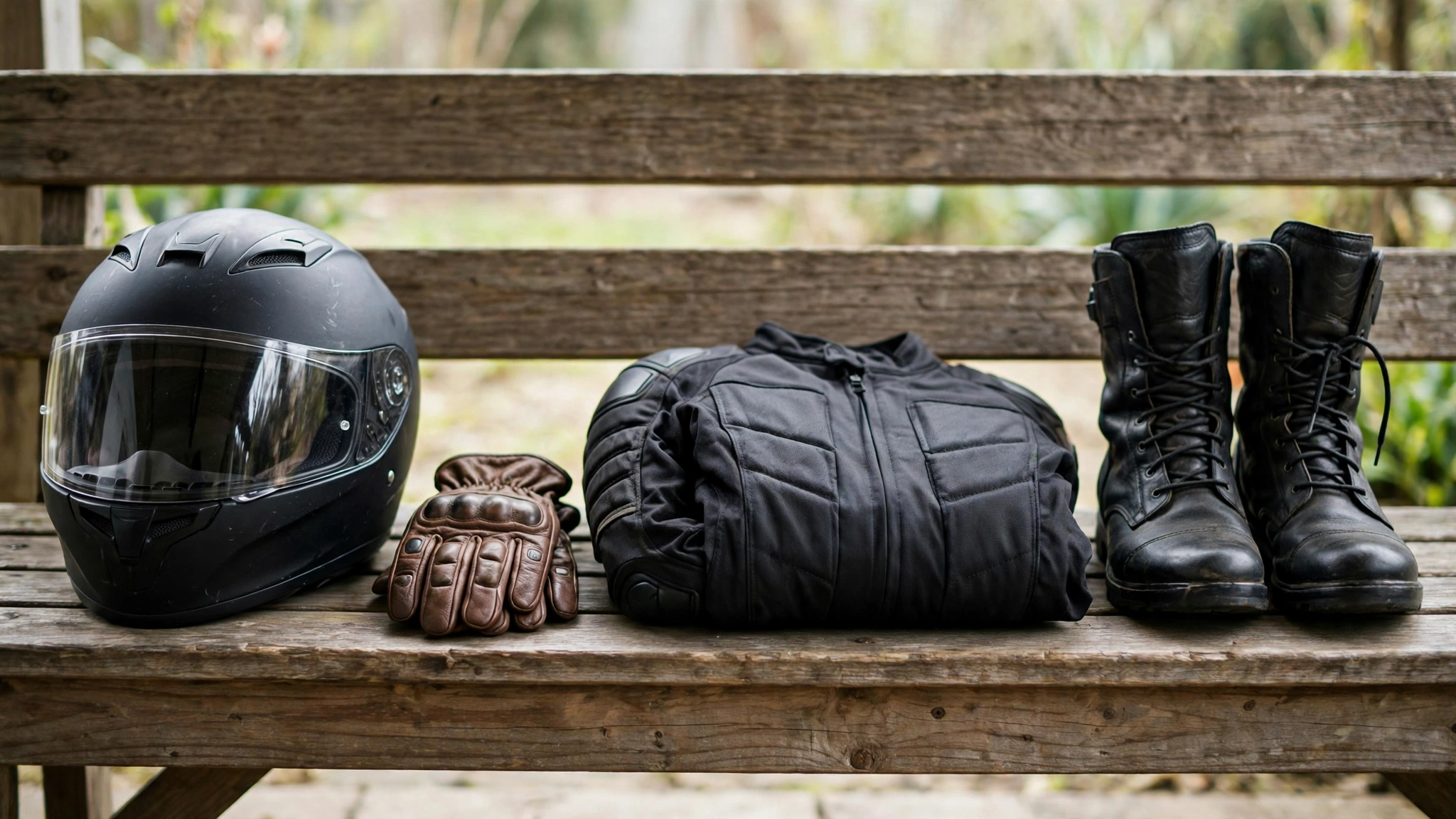 Motorcycle safety gear arranged on a bench: a full-face helmet, leather gloves, a riding jacket and boots