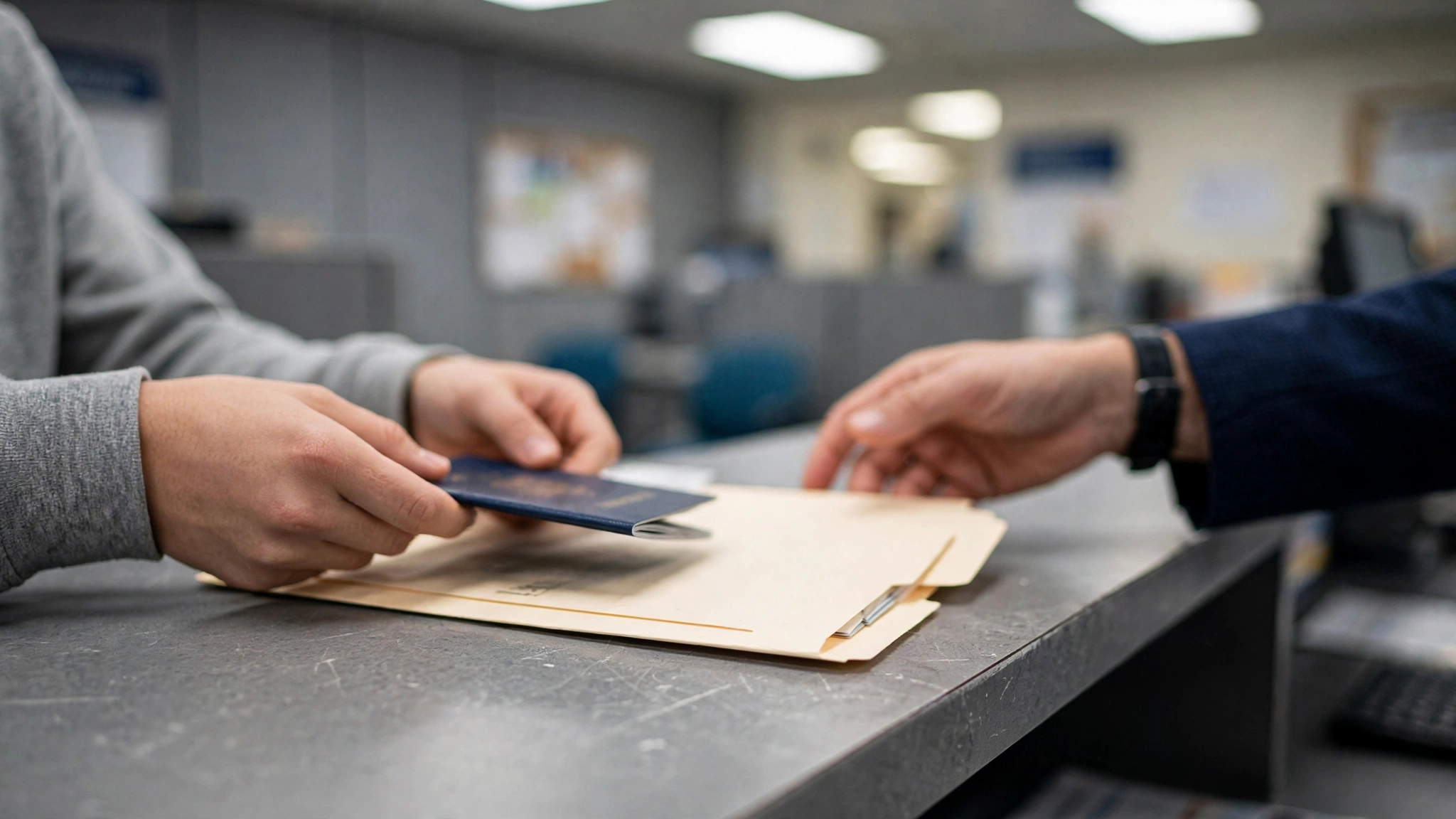 Young applicant handing a passport and identity document folder across the service counter to DriveTest staff before the G1 knowledge test