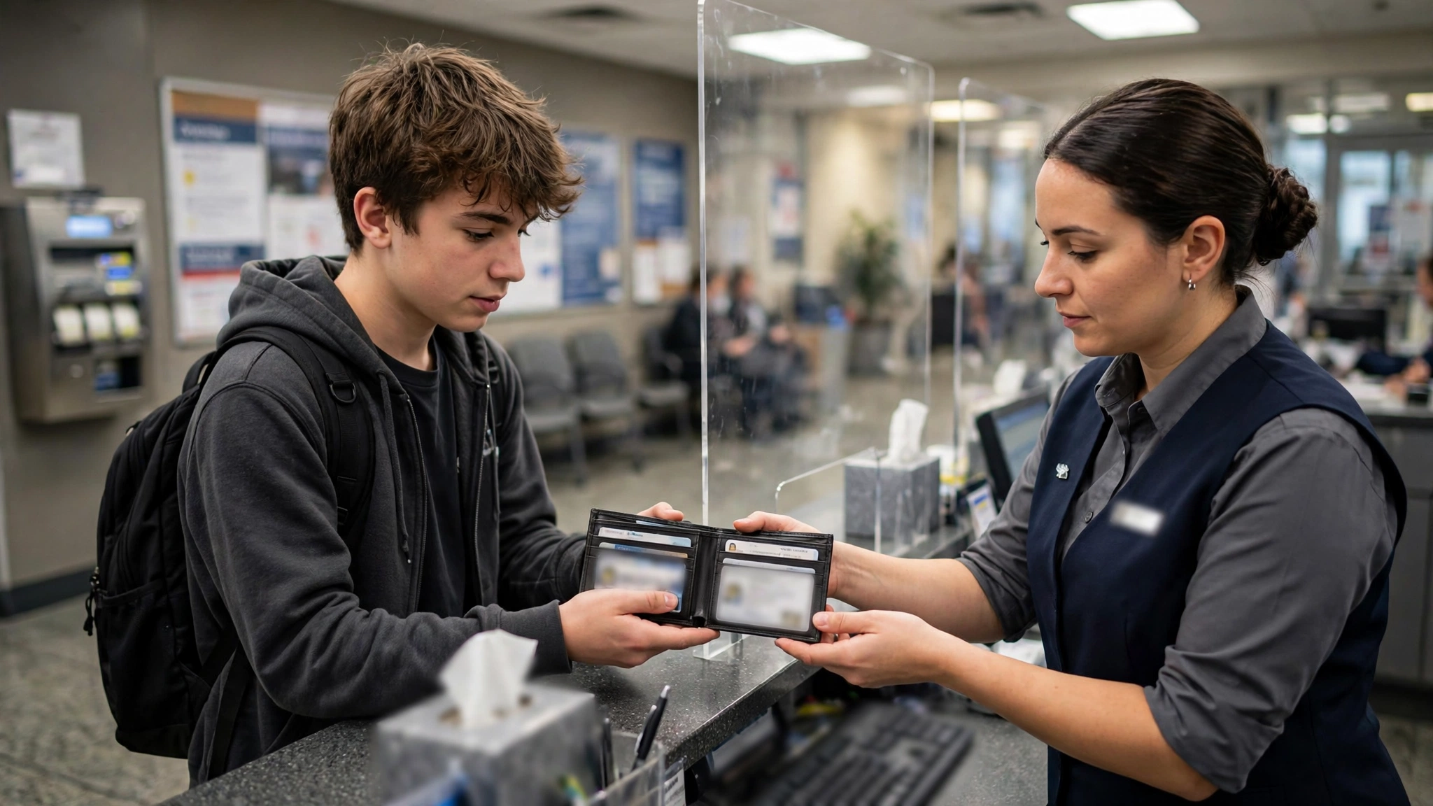 A G1 test applicant handing identity documents across the service counter to a DriveTest staff member