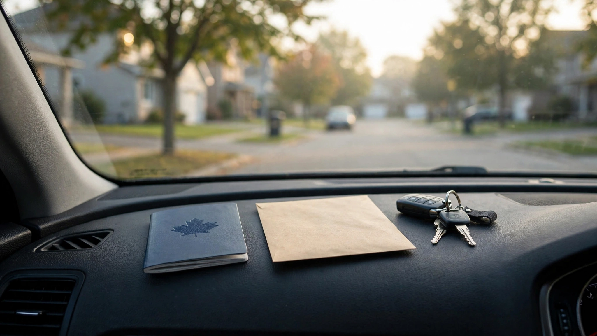 A Canadian passport, an official document envelope, and car keys arranged on a car dashboard before driving to the DriveTest centre