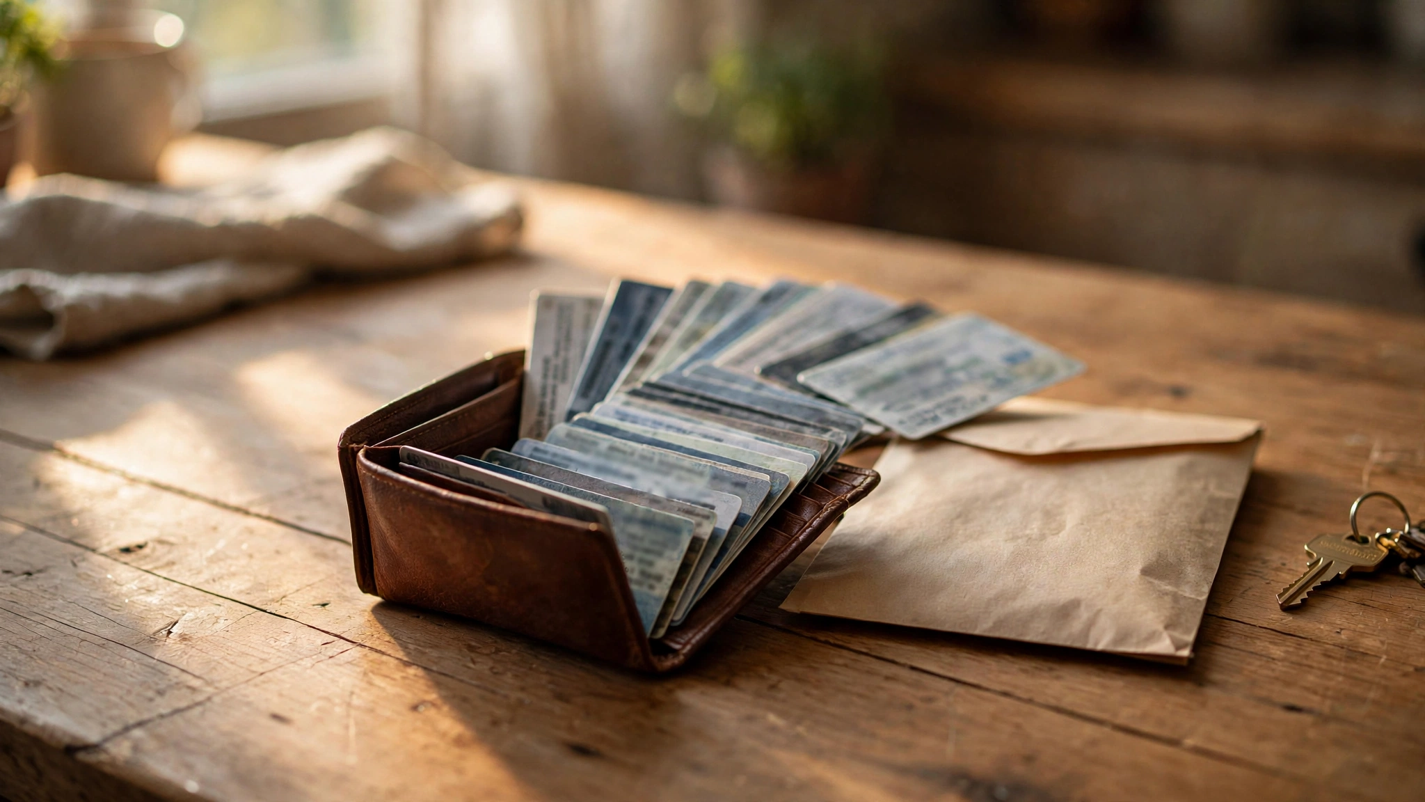 An open wallet with identity cards and an official document envelope on a kitchen table during test-day preparation