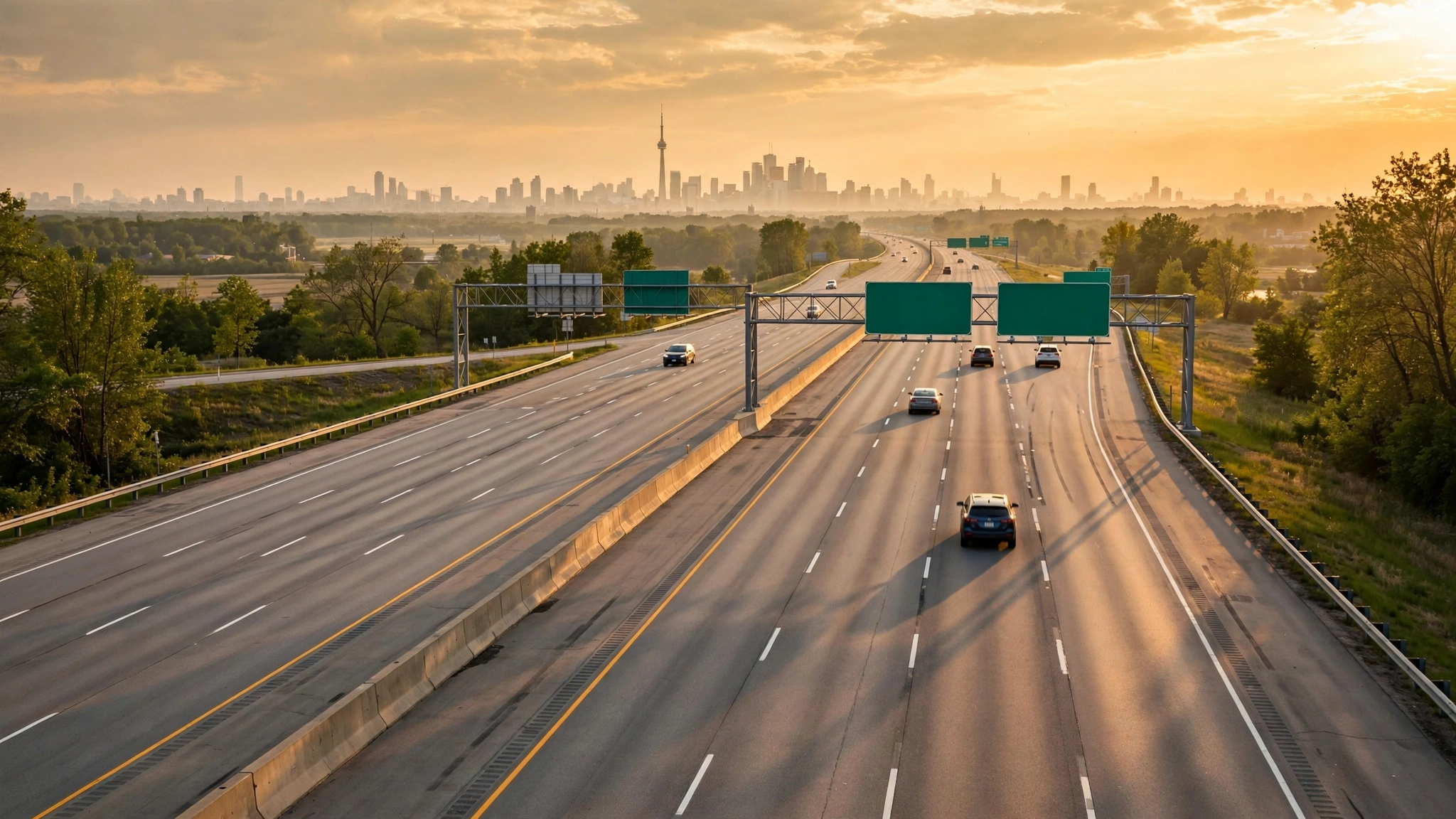 Ontario highway at golden hour with green overhead road signs and the Toronto skyline in the distance