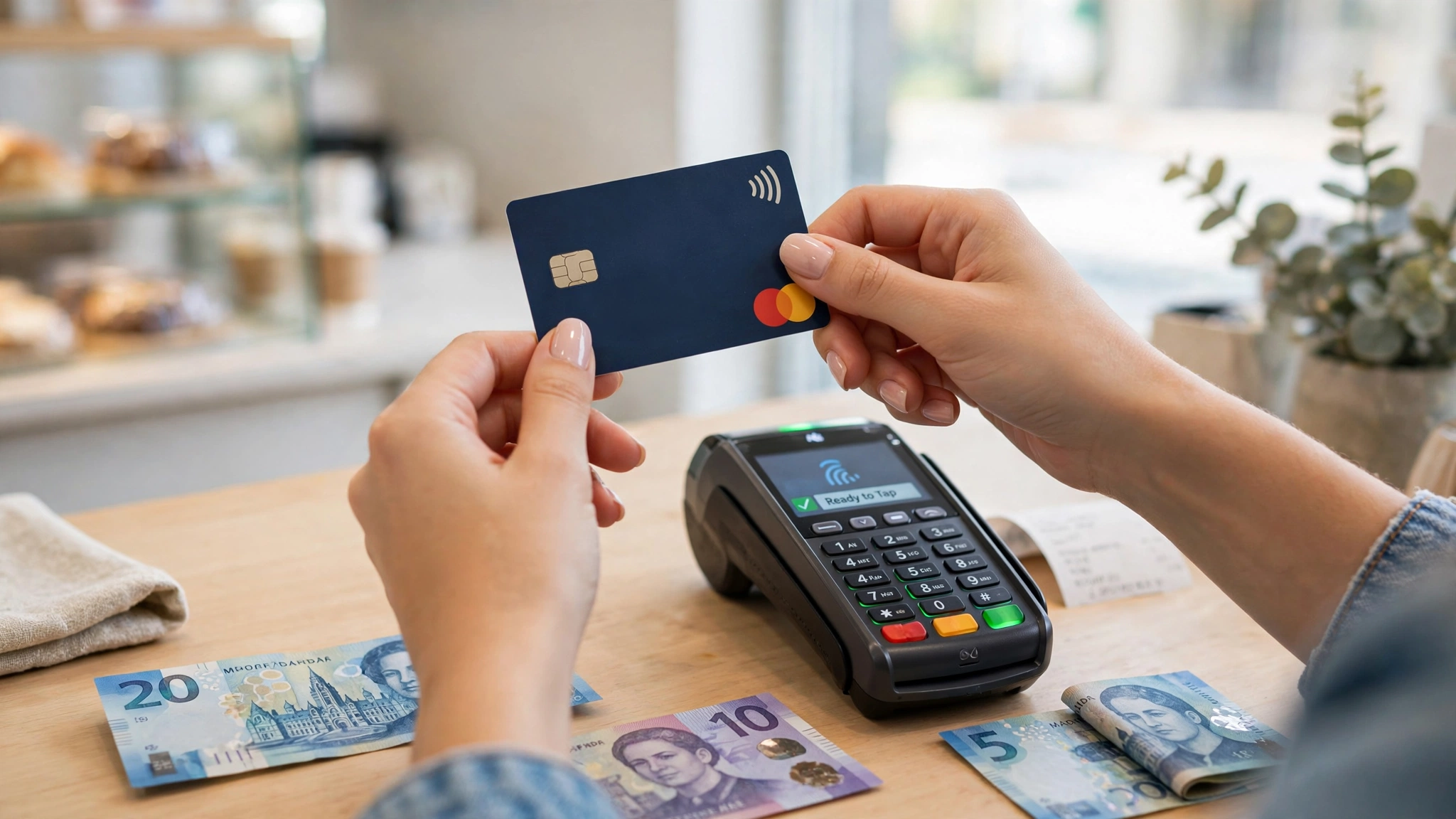 Hands holding a debit card and Canadian cash at a service counter payment terminal