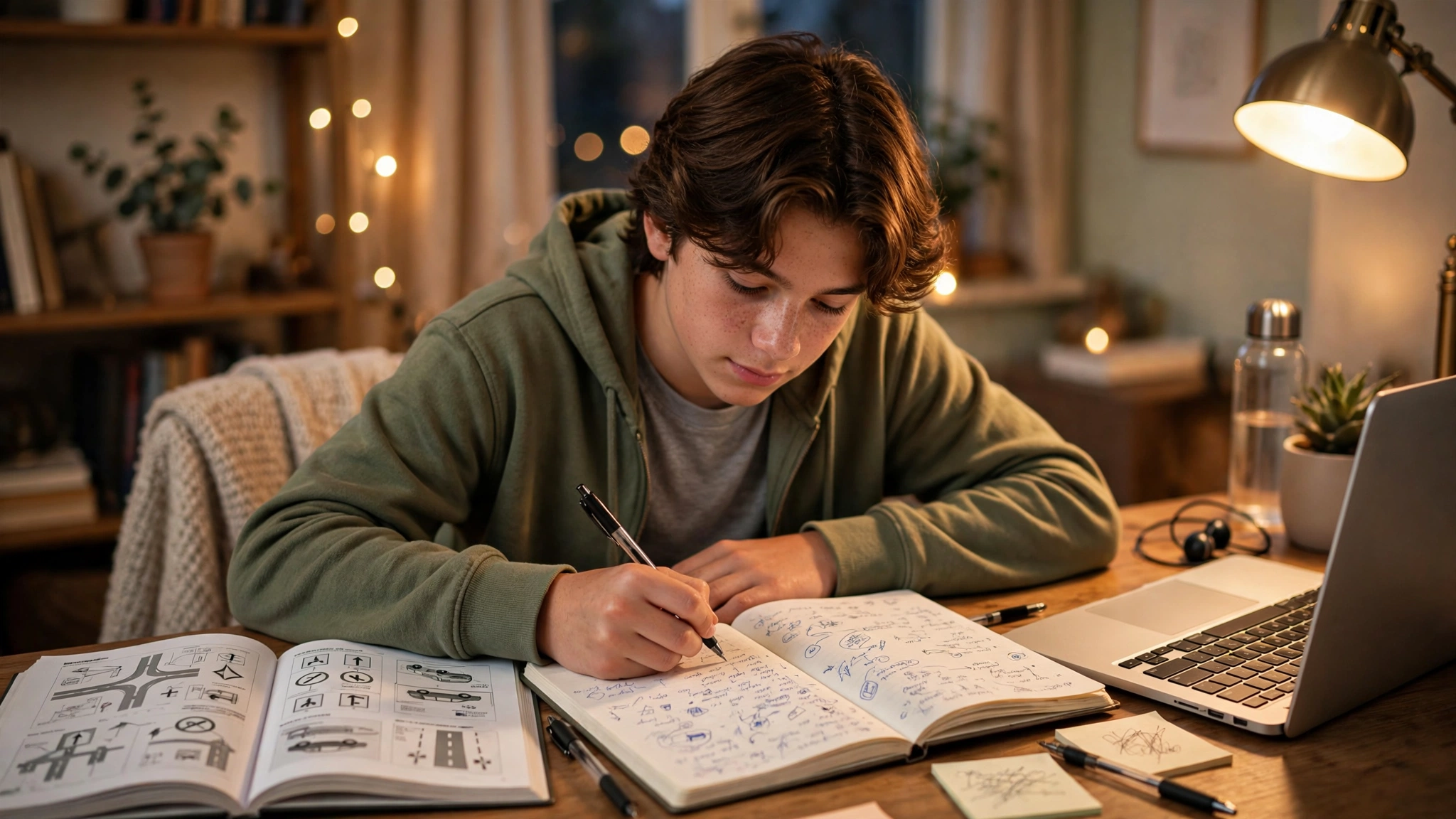 Teenager studying for the G1 test with a driver's handbook and laptop at a desk