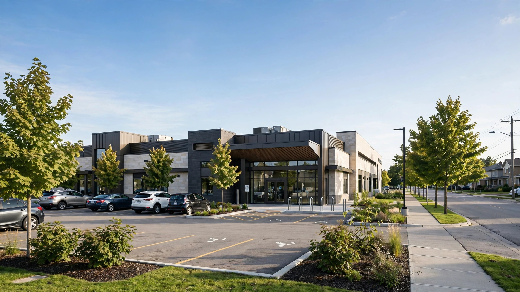 Modern driver testing service centre building exterior in Ontario on a clear morning